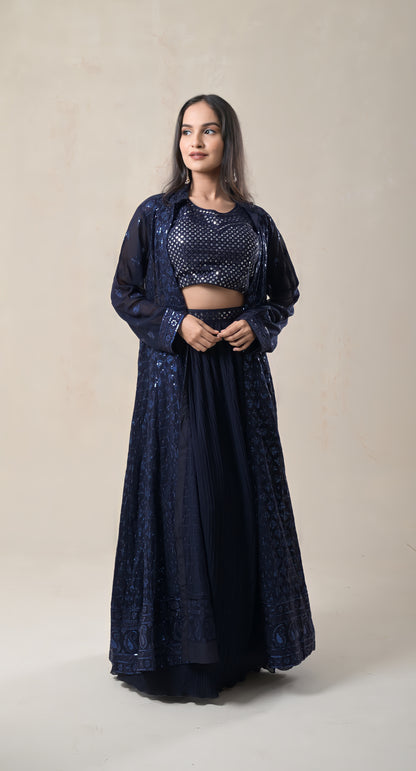 Navy Blue, Long Jacket Style, Crop Top , Mirror & Sequence Work, Chinon, Lehnga Set