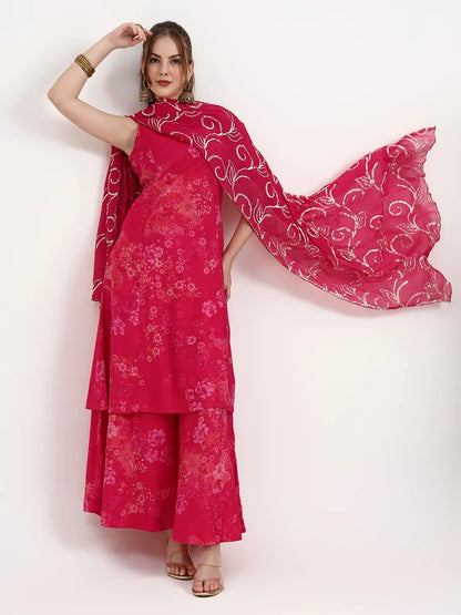 Hot Pink Radiance: Floral Muslin Silk Palazzo Set with Gota Work Dupatta