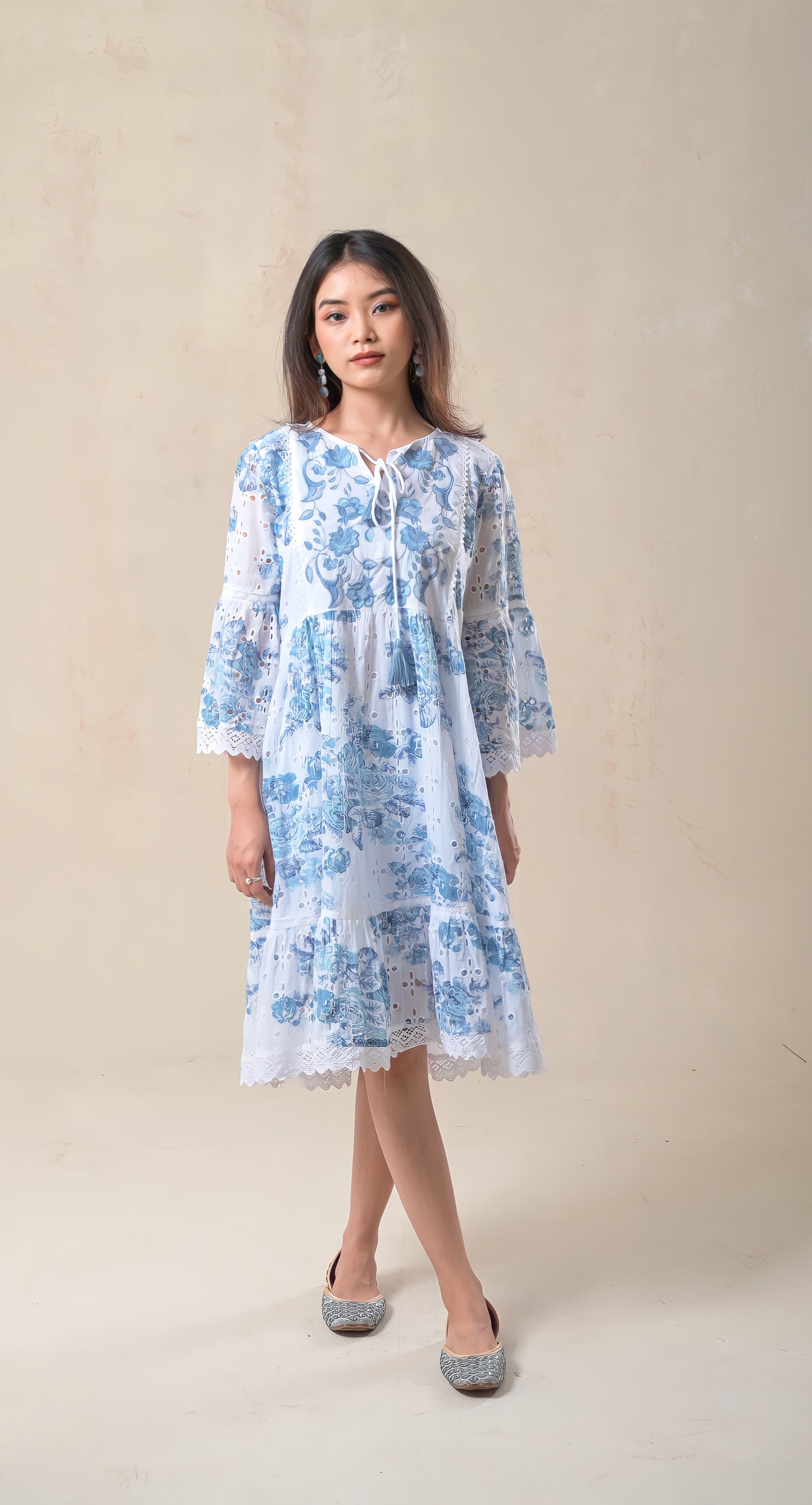 white & blue, floral, lace tassels & dori, cotton, short dress