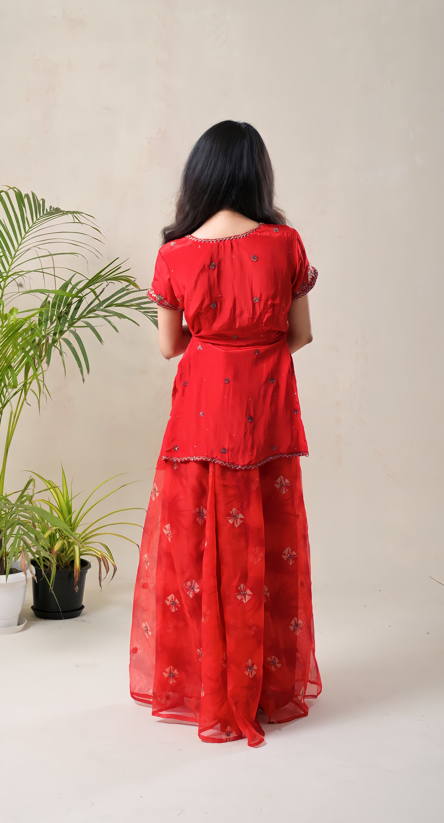 red, zari hand embroidery on top, tie dye pattern on palazzo