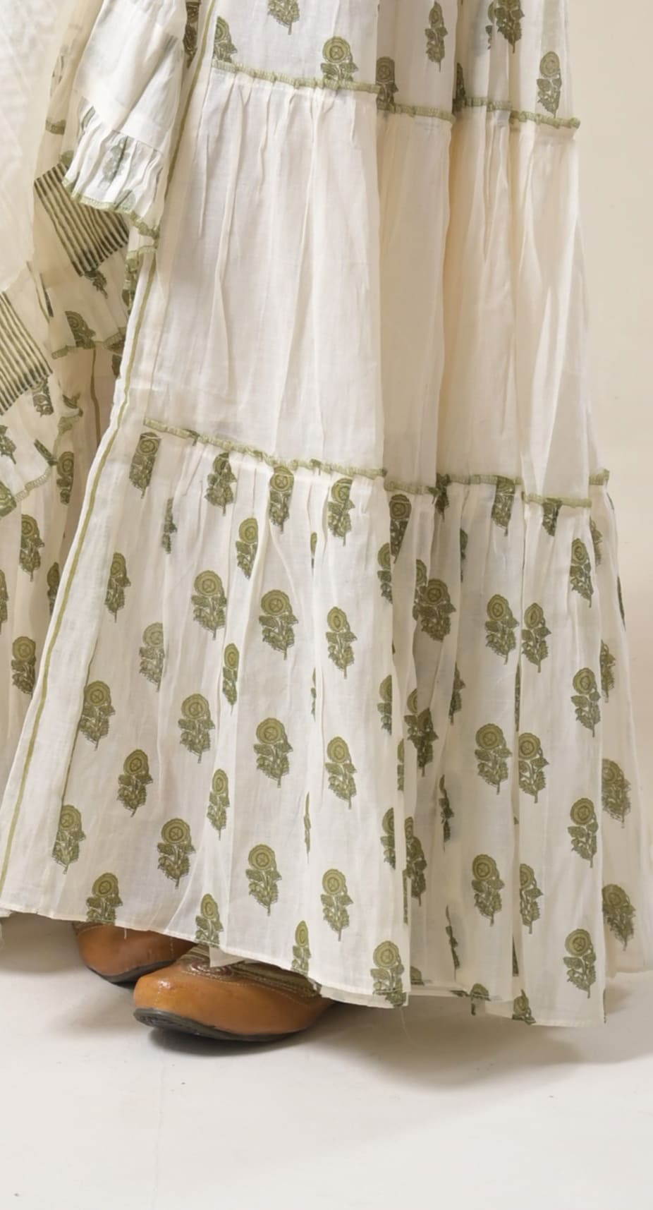 white & green, block print, cotton gown