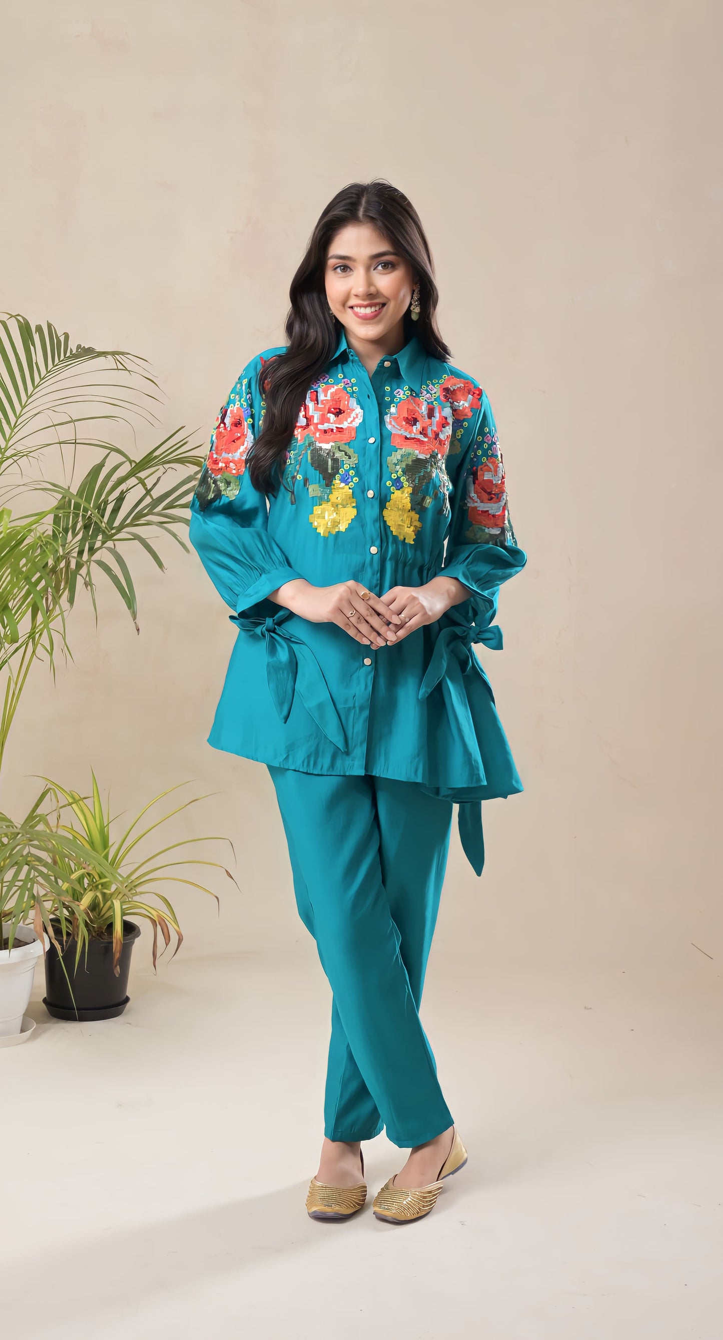 aqua blue,  floral, sequins embroidered, cotton, co-rd set