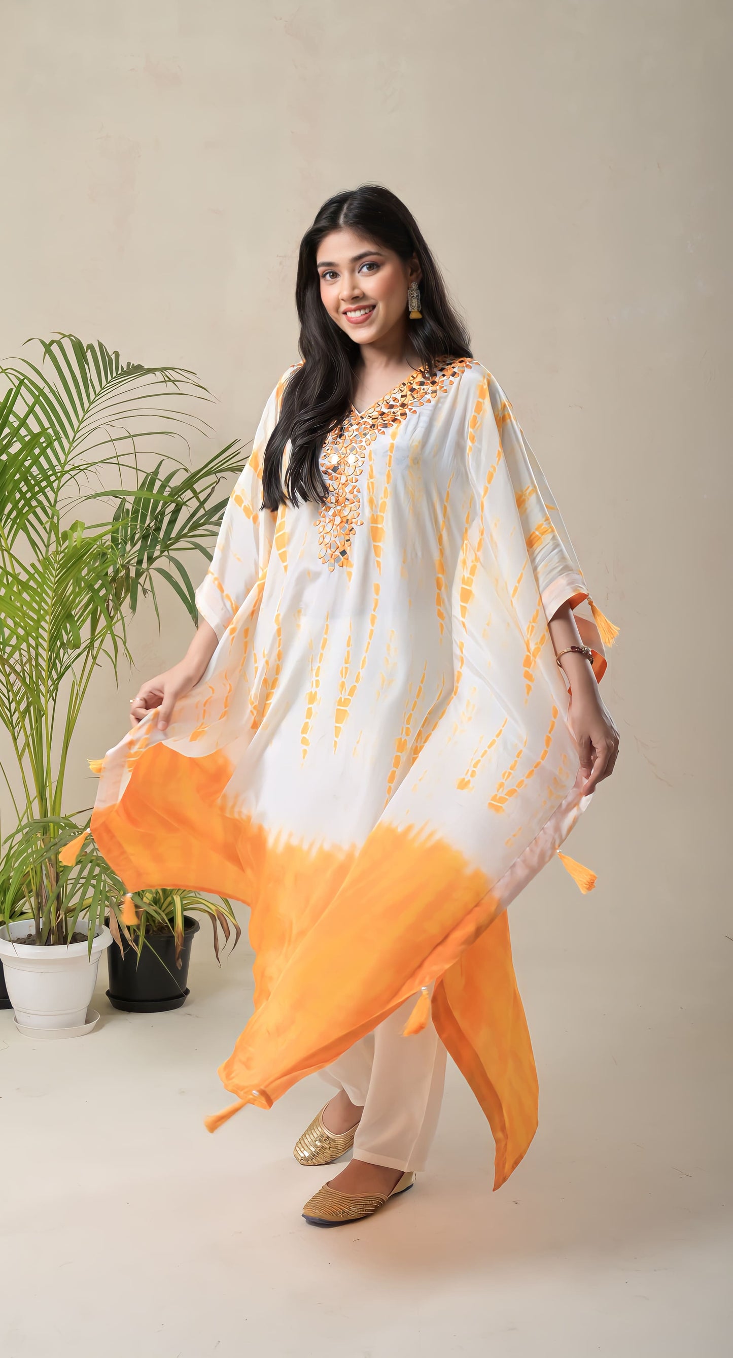 white & yellow ombre, mirror work, crepe , kaftan co-rd set