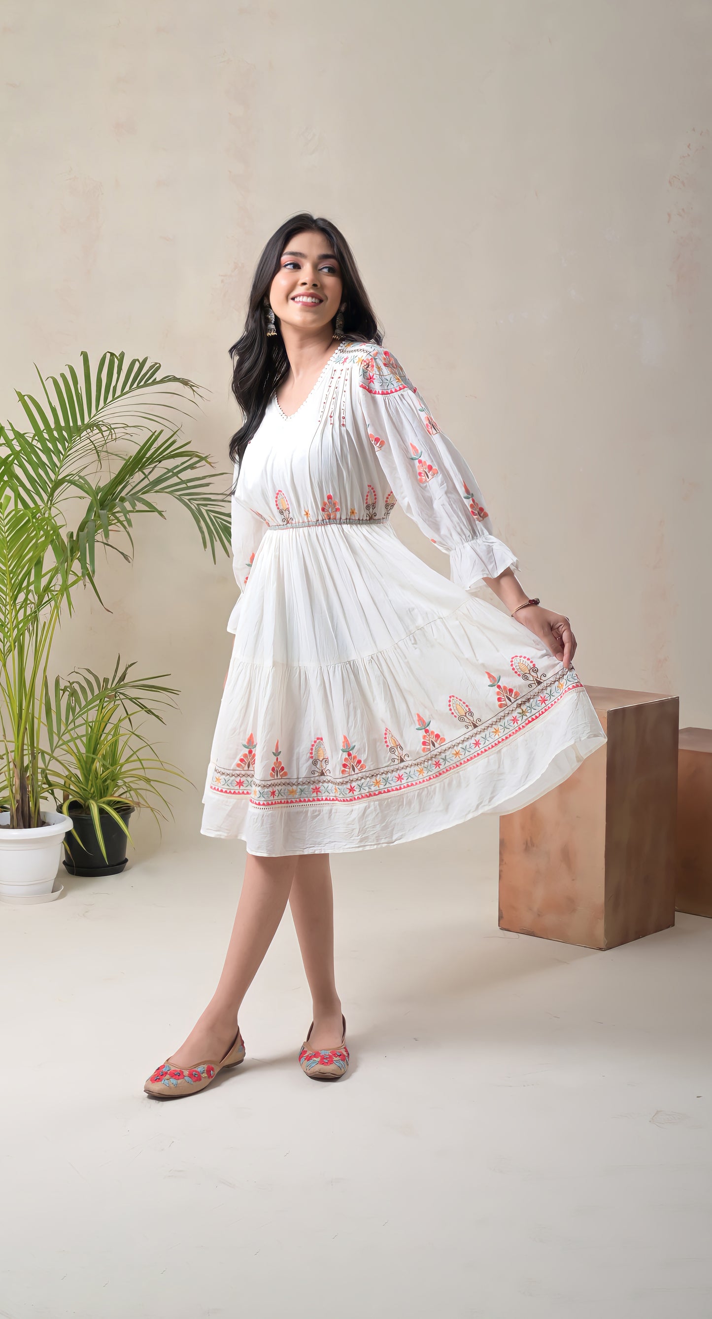 white, resham embroidery, tassels & dori, mul cotton, short dress