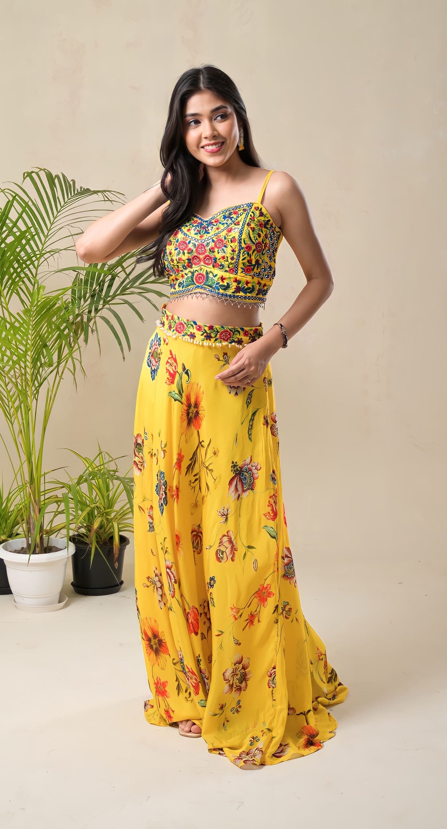 yellow, resham & pearl floral embroidery , georgette skirt set with cape