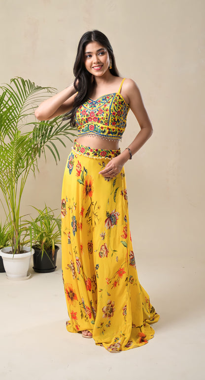 Yellow, Resham & Pearl Floral Embroidery , Georgette Skirt Set with Cape