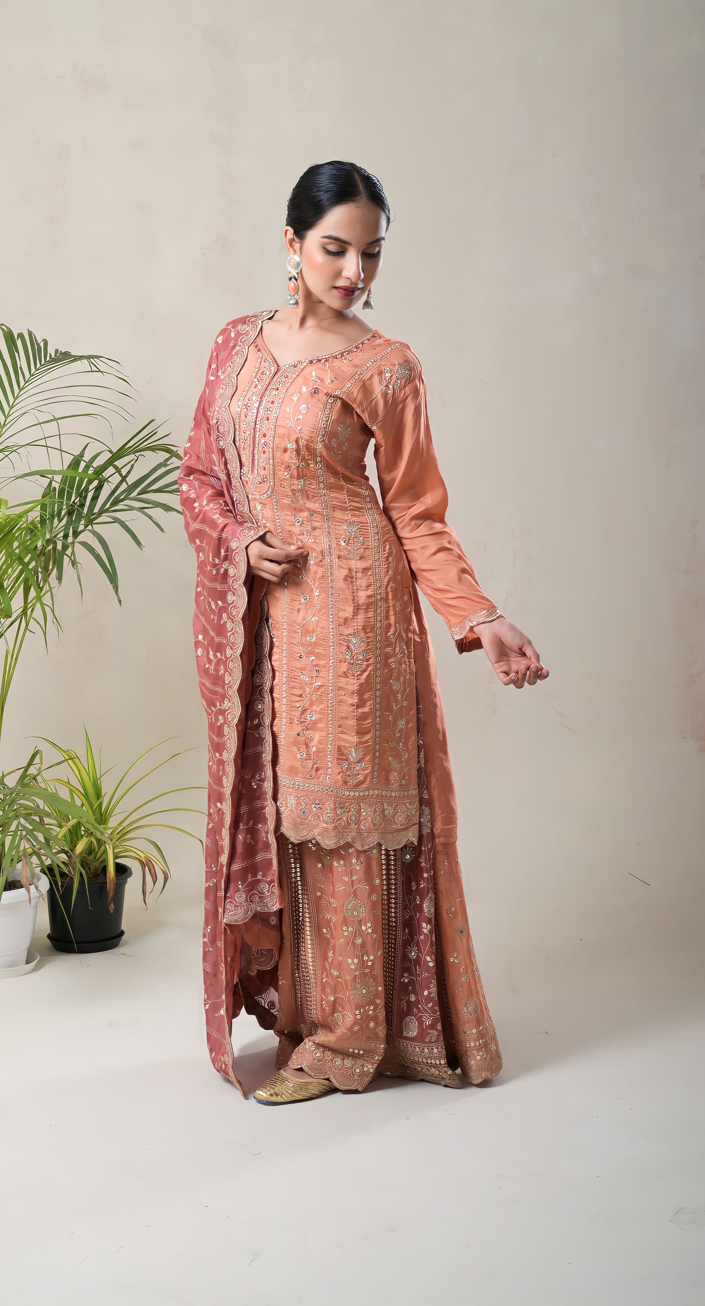 rust, aari work, silk lehnga