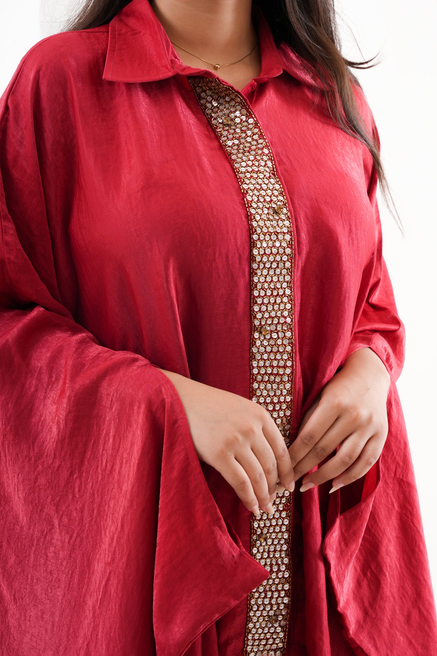 red, kaftan style, sequence & cutdana hand embroidery co-rd set