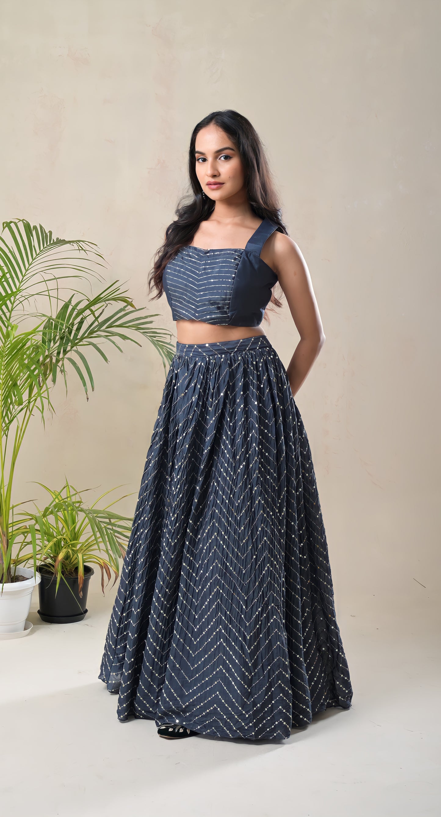 greyish blue, sequence work, jacket style, georgette, lehnga with crop top