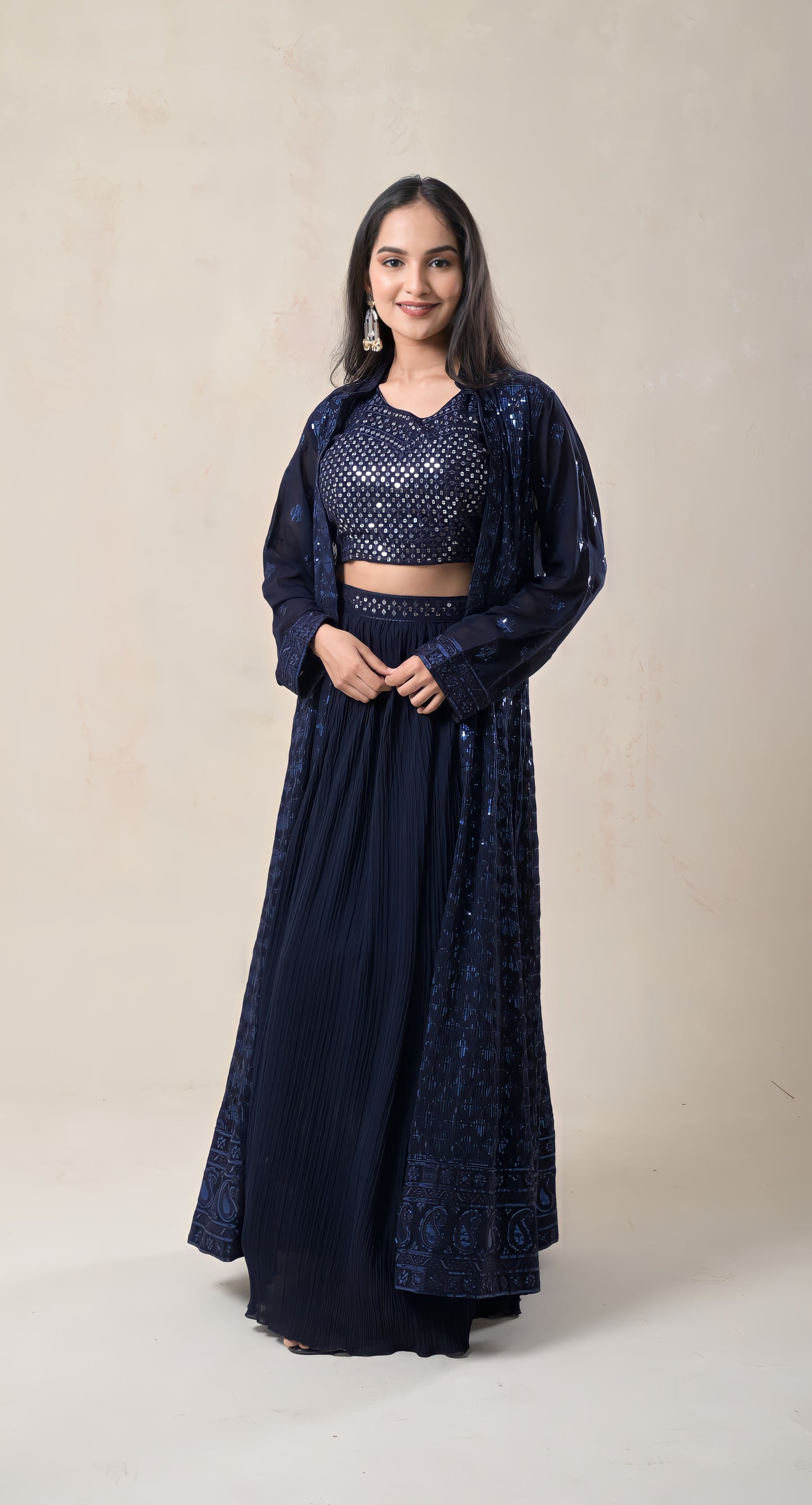 navy blue, long jacket style, crop top , mirror & sequence work, chinon, lehnga set