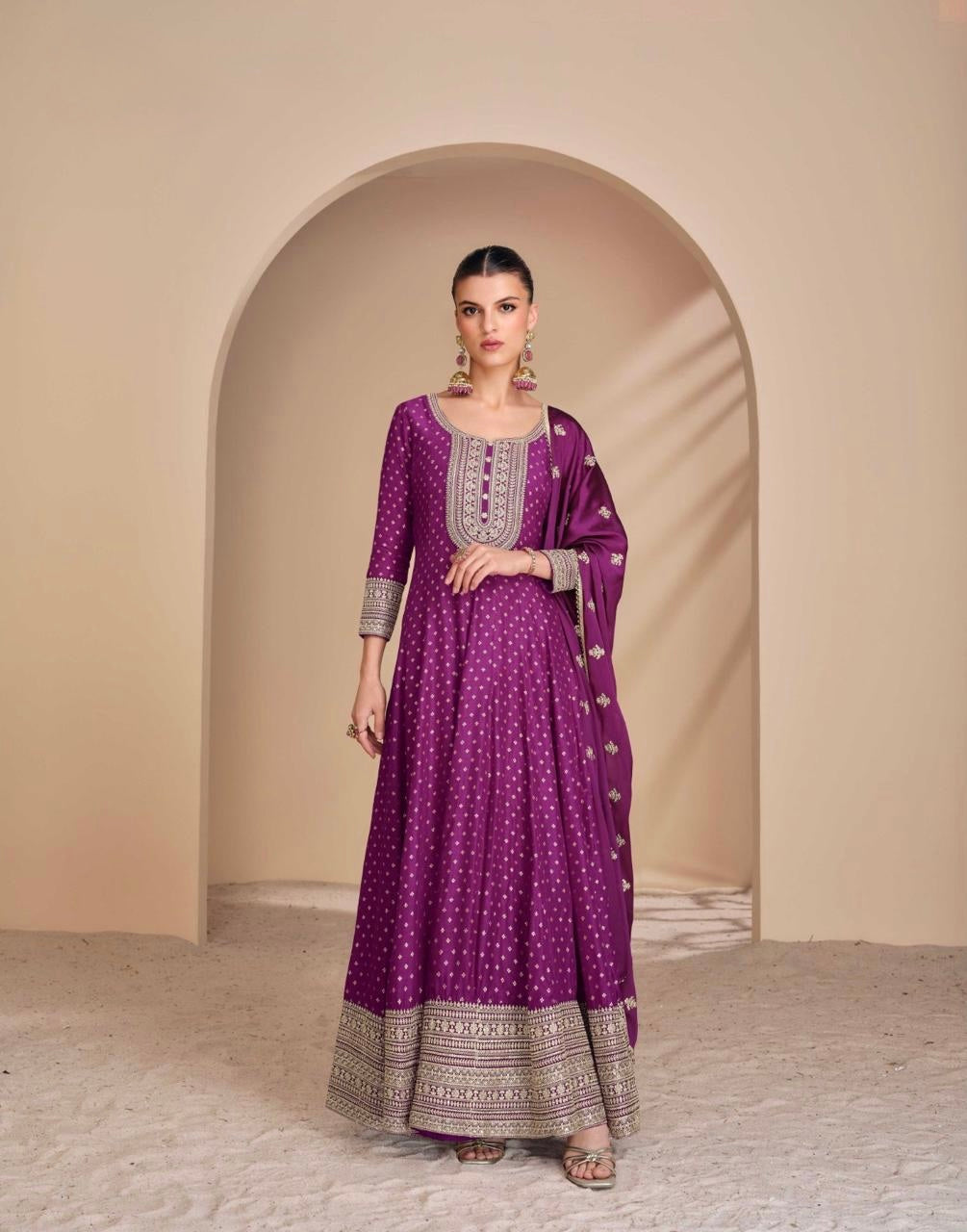 maroon zári-embroidered wedding and festivals wear long anarkali viscose-silk gown with dupatta