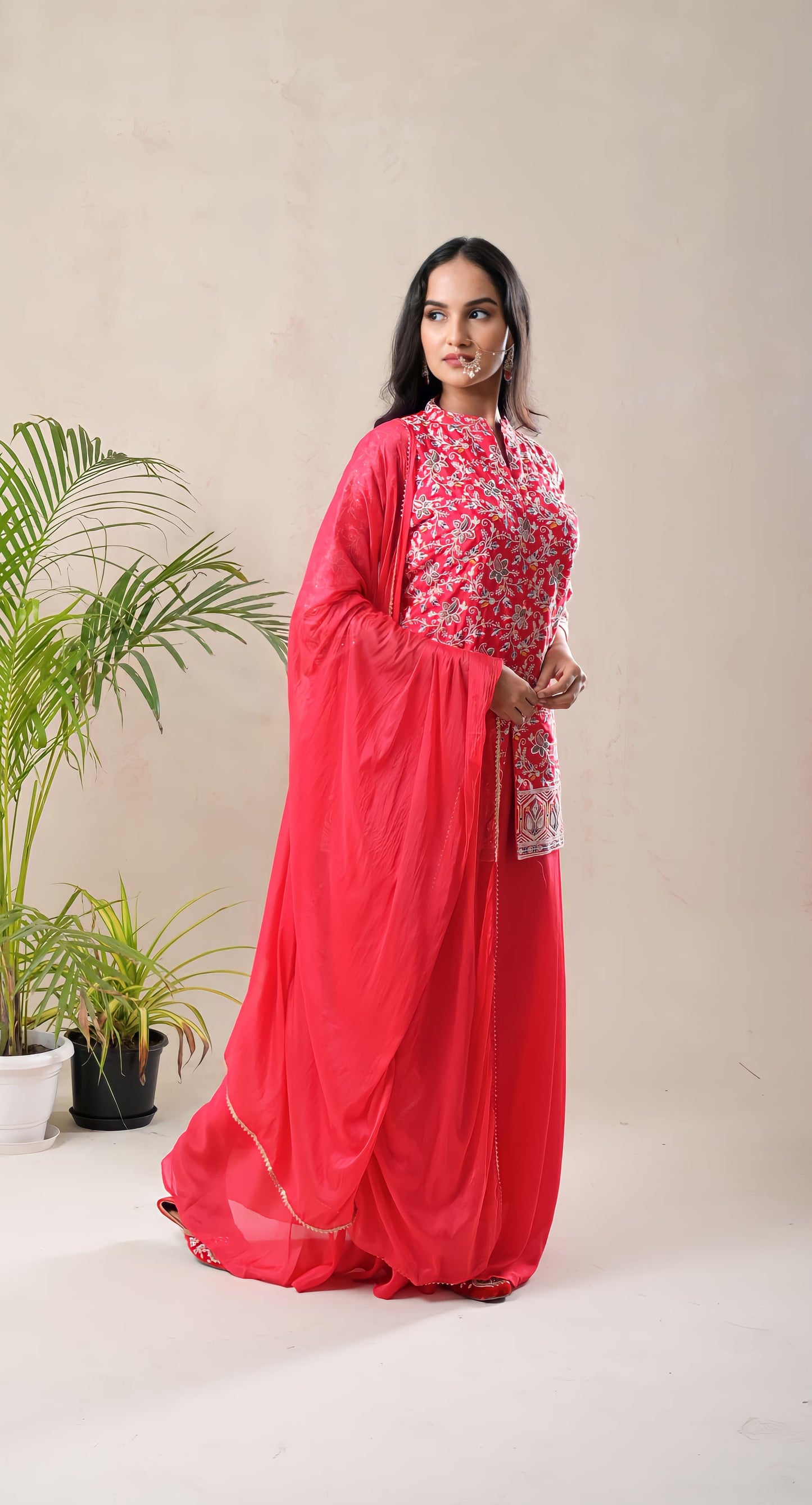 red, paisley resham embroidery , georgette plazzo/sharara