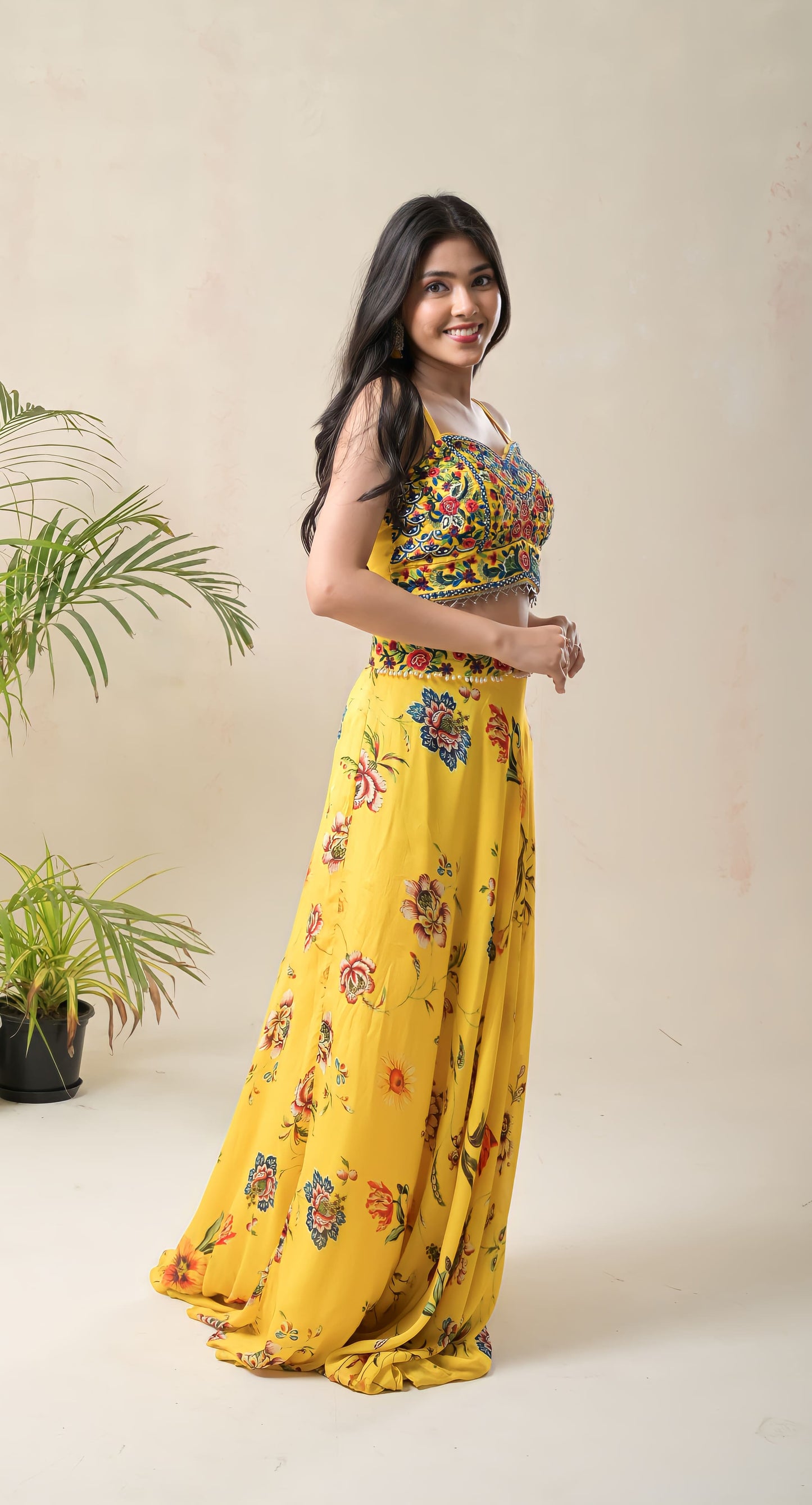 yellow, resham & pearl floral embroidery , georgette skirt set with cape