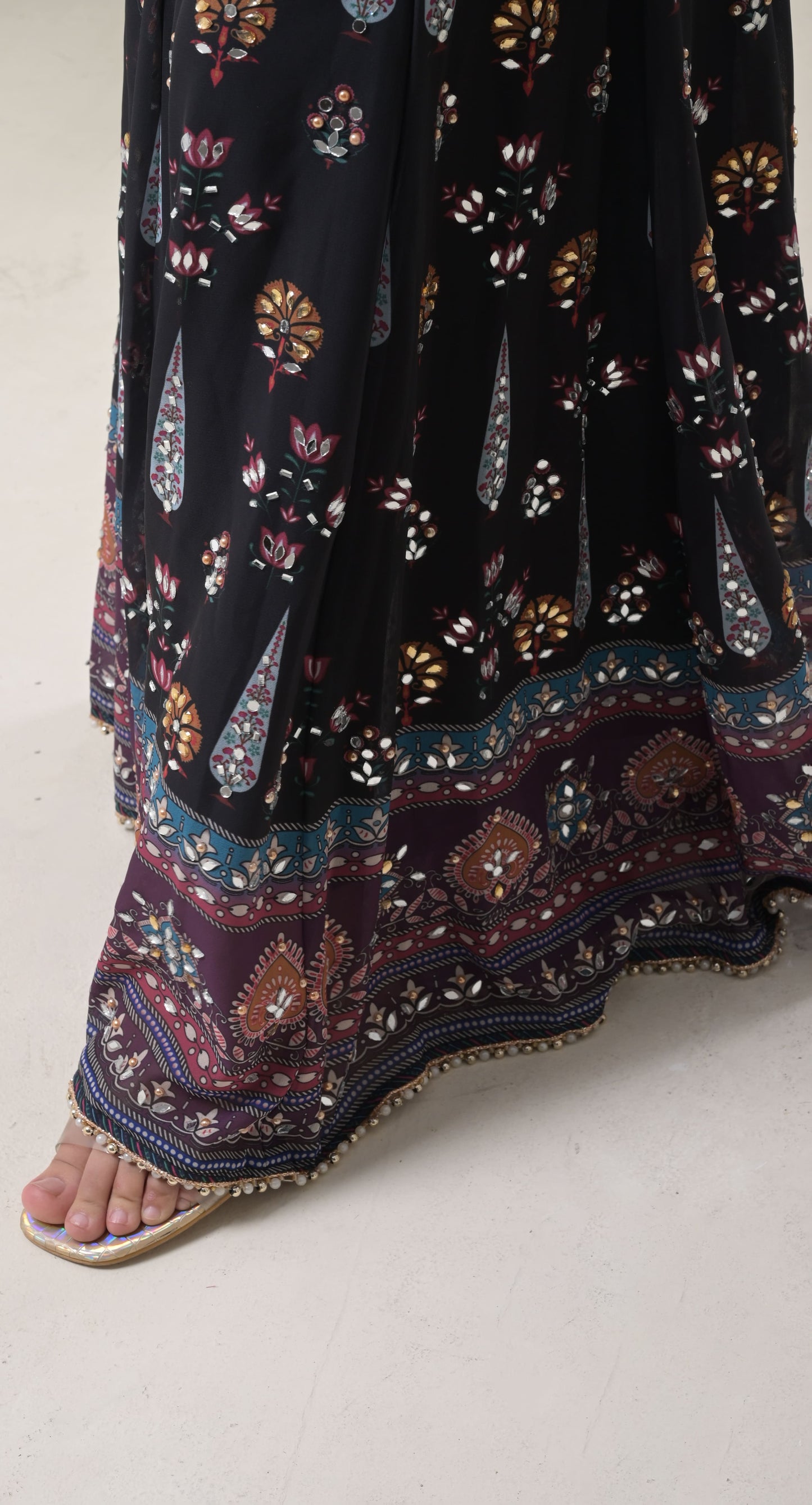 black, digital print, mughal motifs, mirror work, crepe & georgette sharara