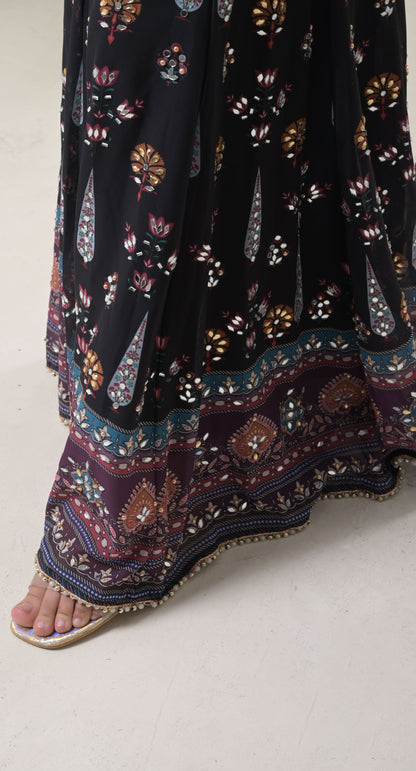 Black, Digital Print, Mughal Motifs, Mirror Work, Crepe & Georgette Sharara