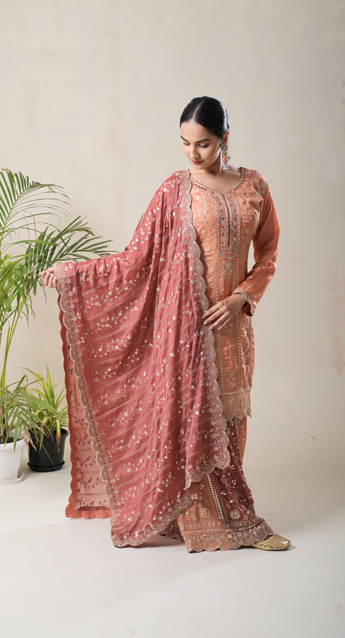 rust, aari work, silk lehnga