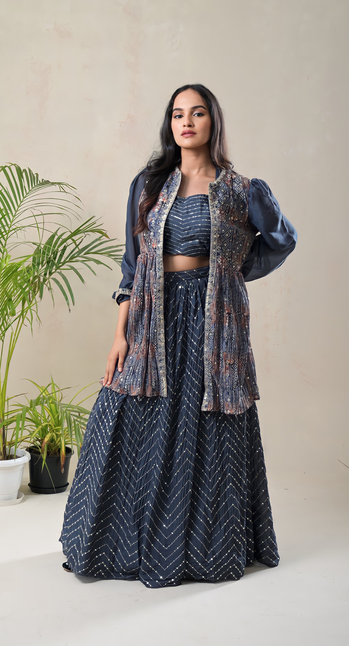 greyish blue, sequence work, jacket style, georgette, lehnga with crop top