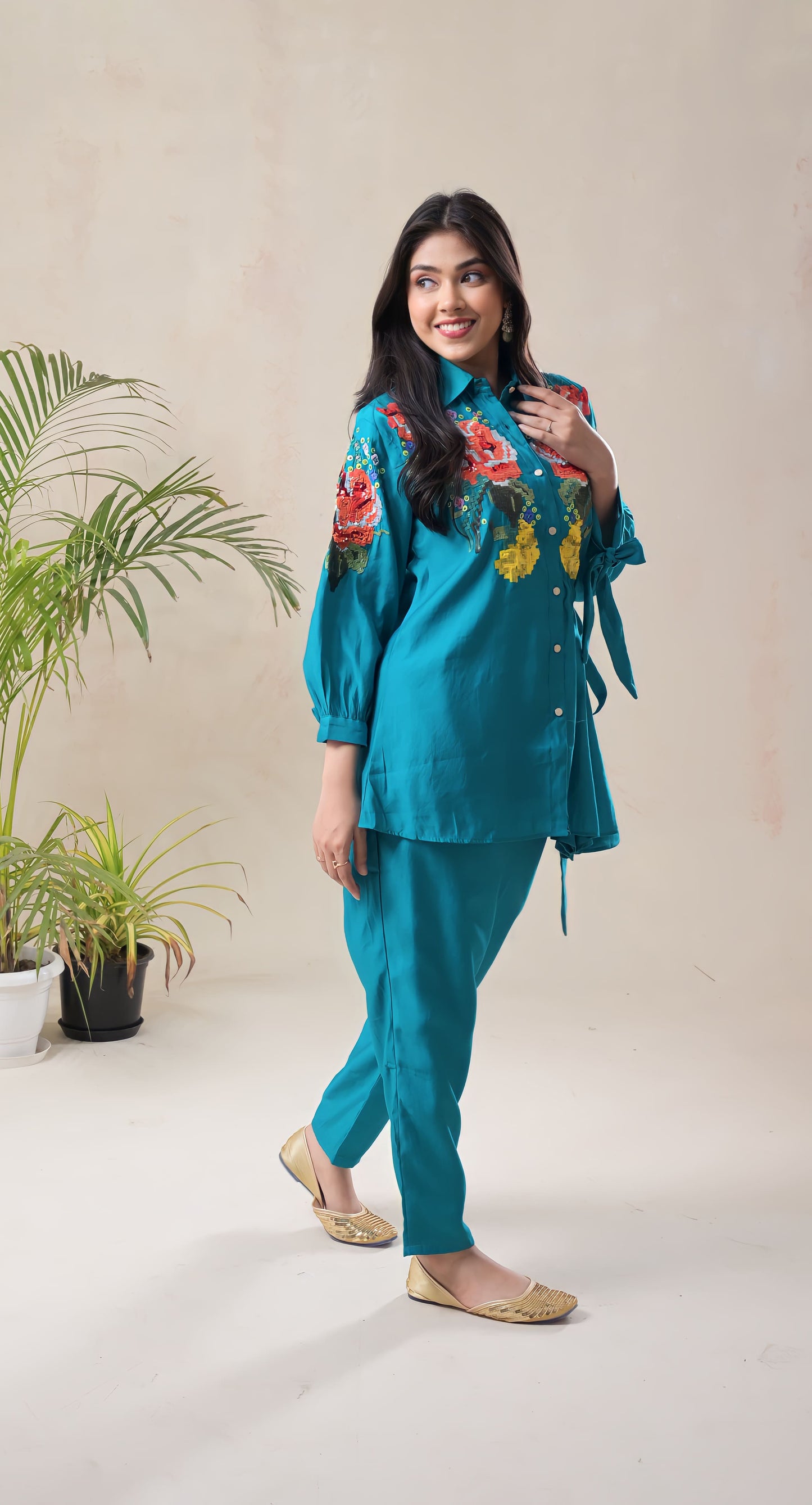 aqua blue,  floral, sequins embroidered, cotton, co-rd set