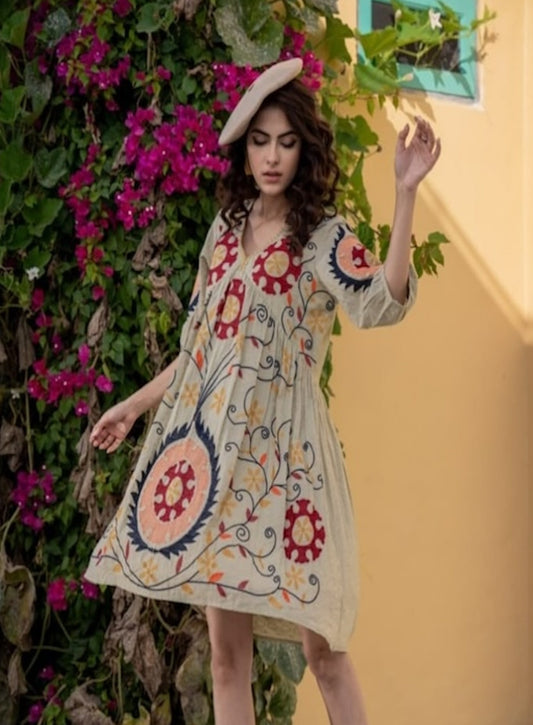 Beige, Multi Color Floral Thread Embroidery, Knee Length, Cotton, Dress