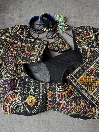 Black Multicolour Thread Embroidered Georgette Long-Sleeves Blouse