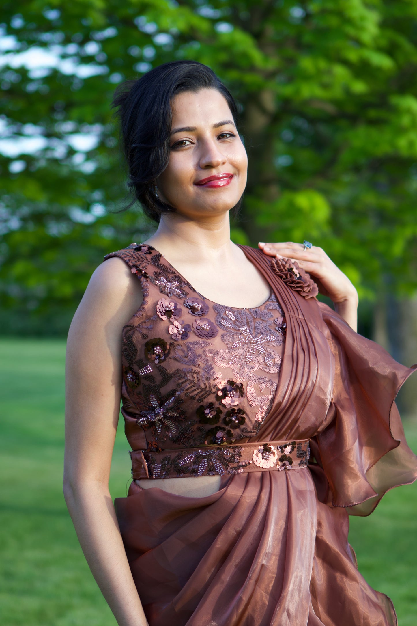 brown, ruffle,  sequins embroidered blouse, satin, pre-draped saree