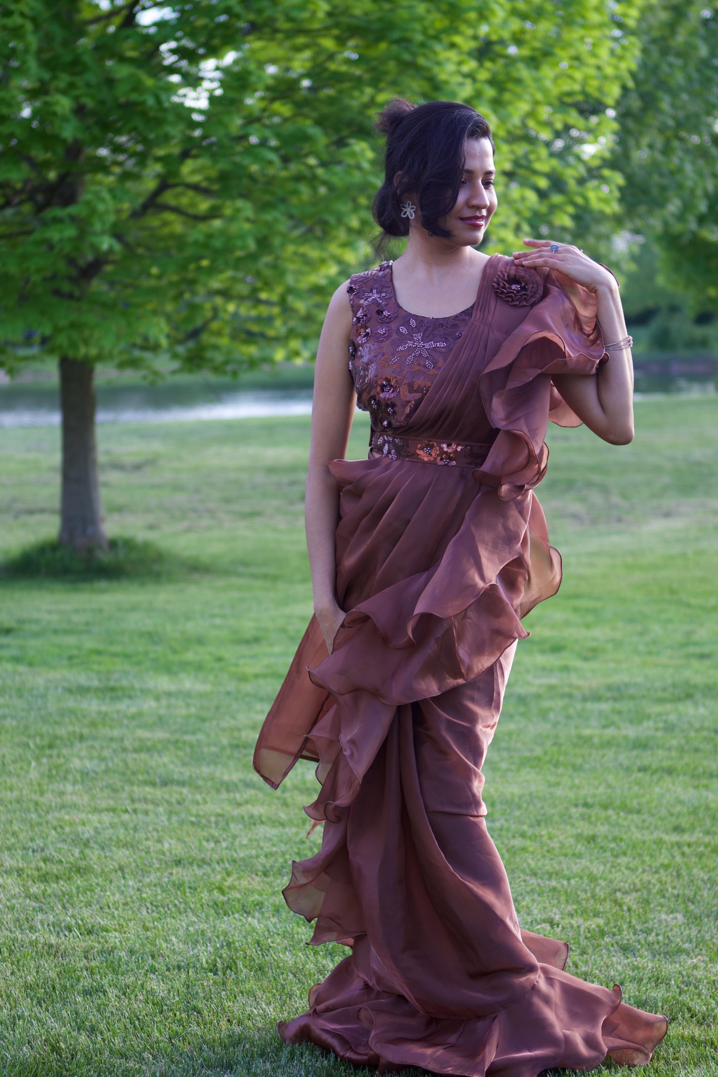 brown, ruffle,  sequins embroidered blouse, satin, pre-draped saree