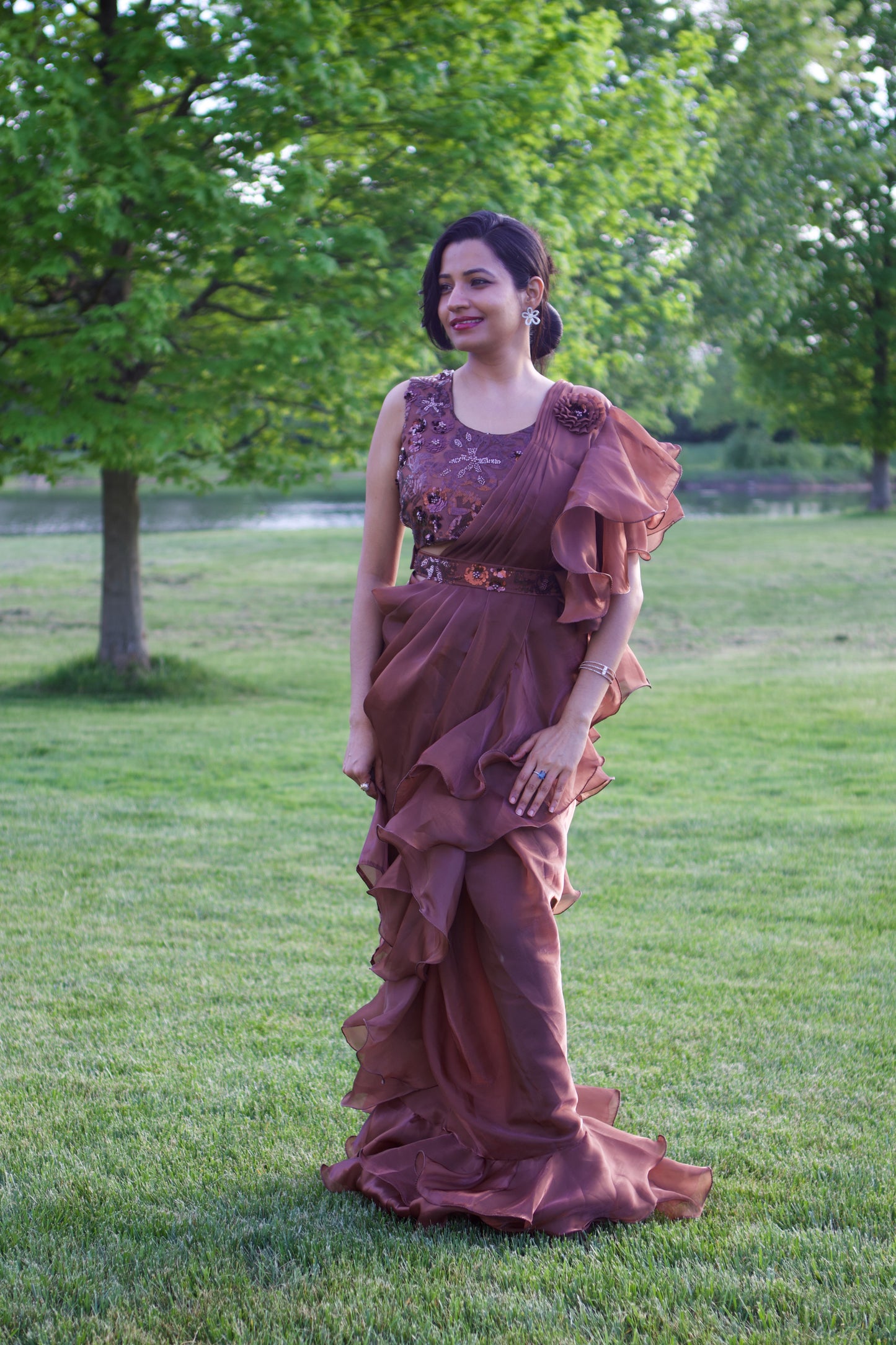 brown, ruffle,  sequins embroidered blouse, satin, pre-draped saree