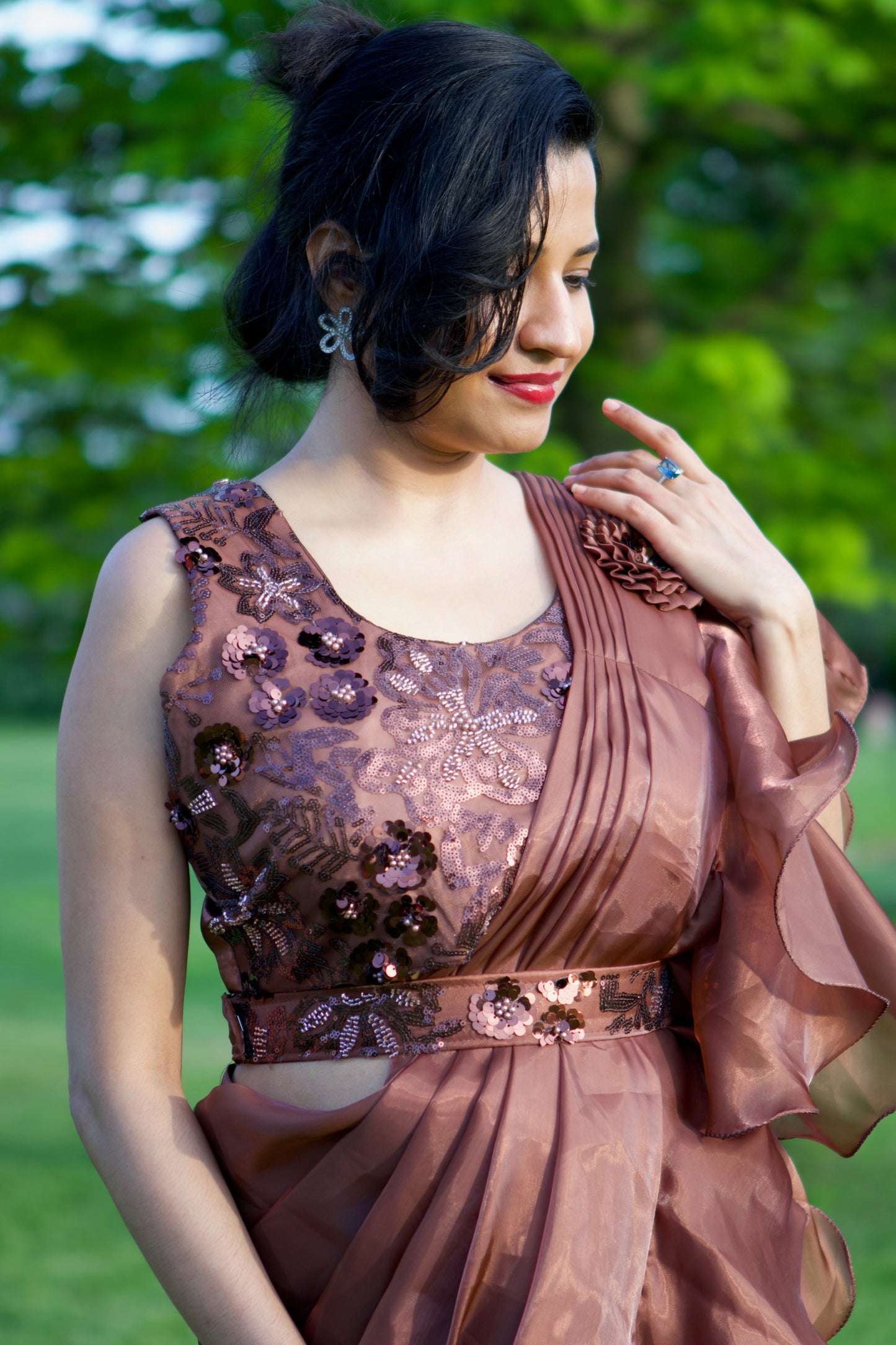 brown, ruffle,  sequins embroidered blouse, satin, pre-draped saree