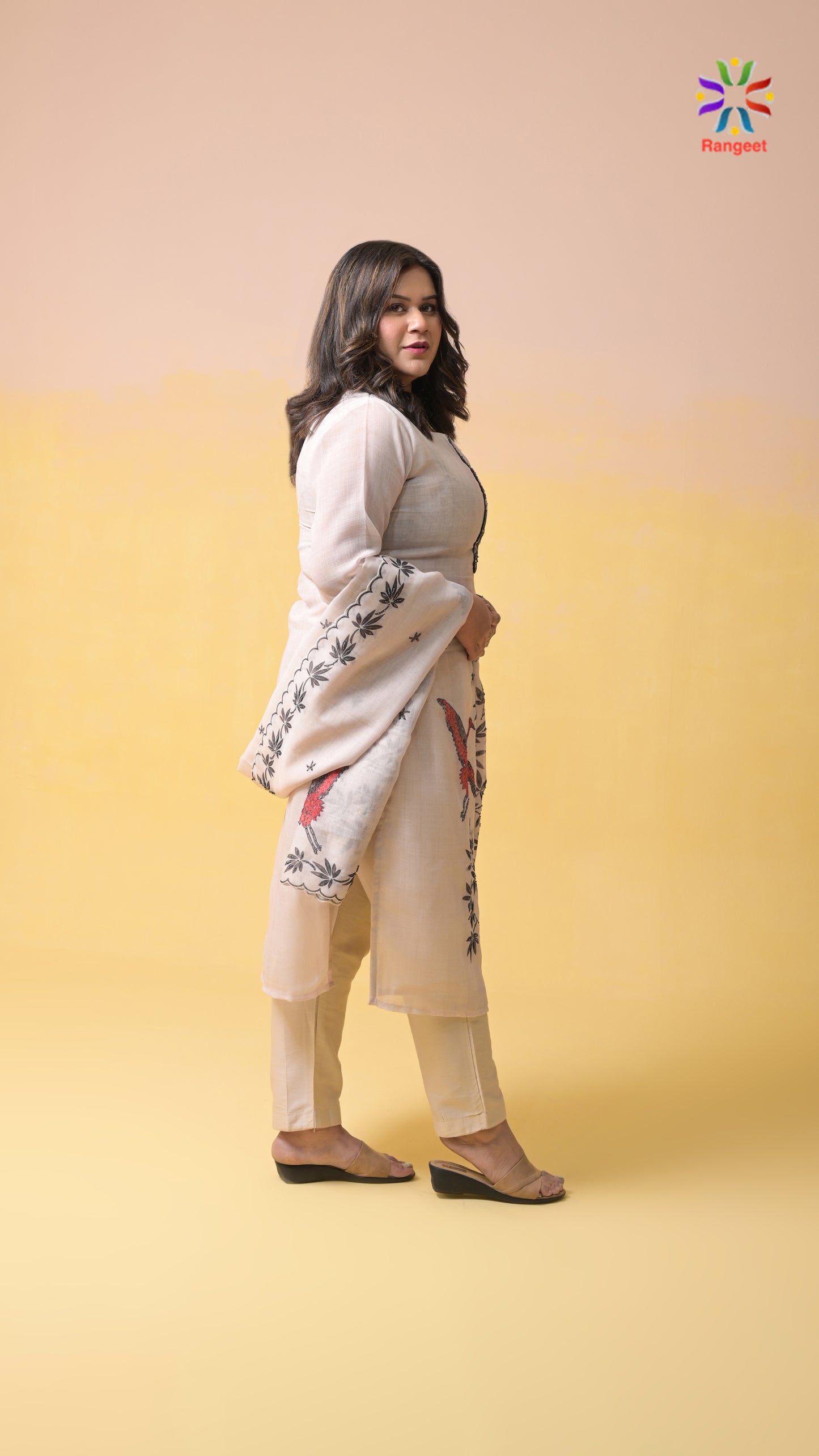 light grey digital prints with hand-embroidery tissue-cotton straight pants suit