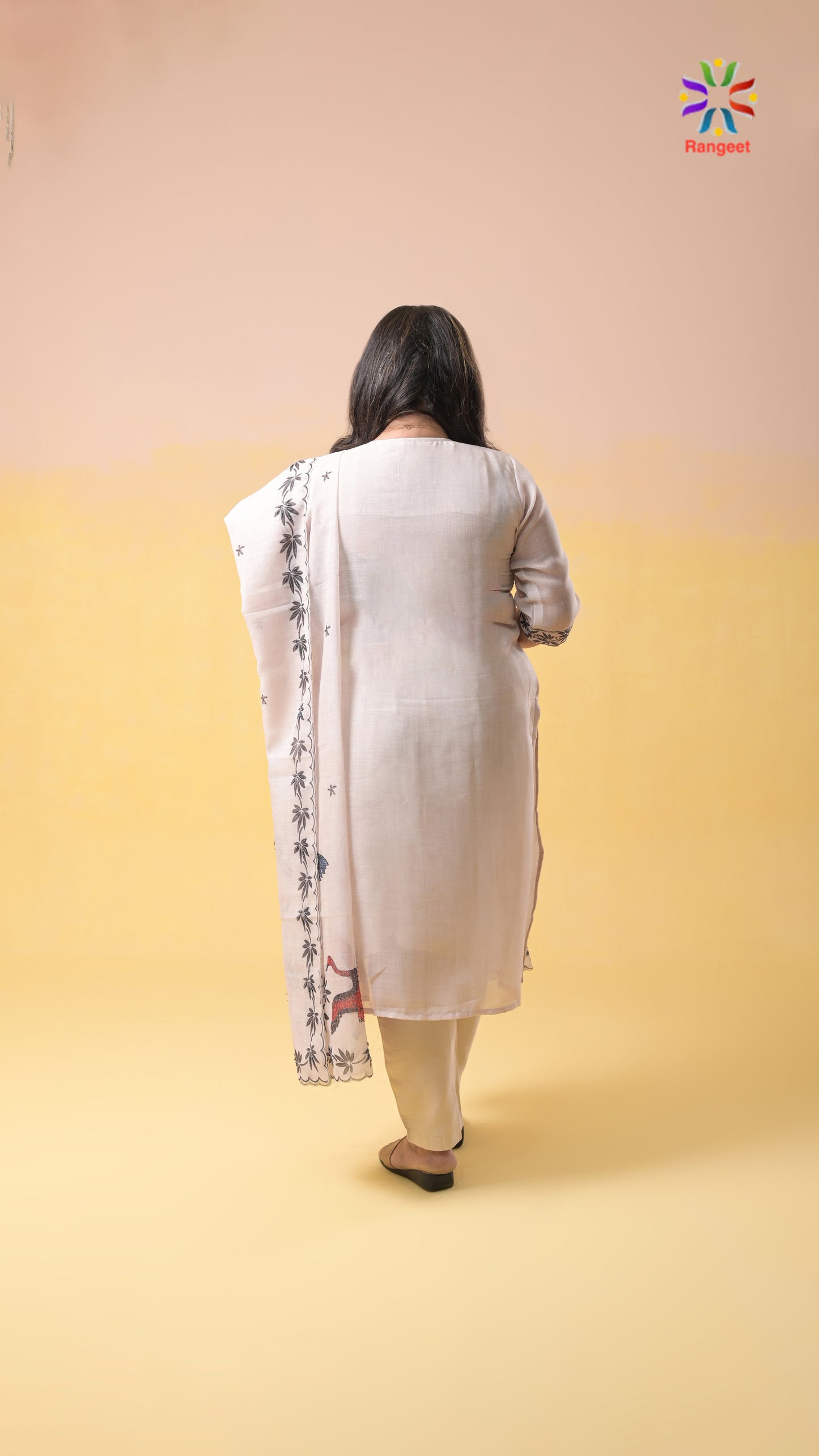 light grey digital prints with hand-embroidery tissue-cotton straight pants suit