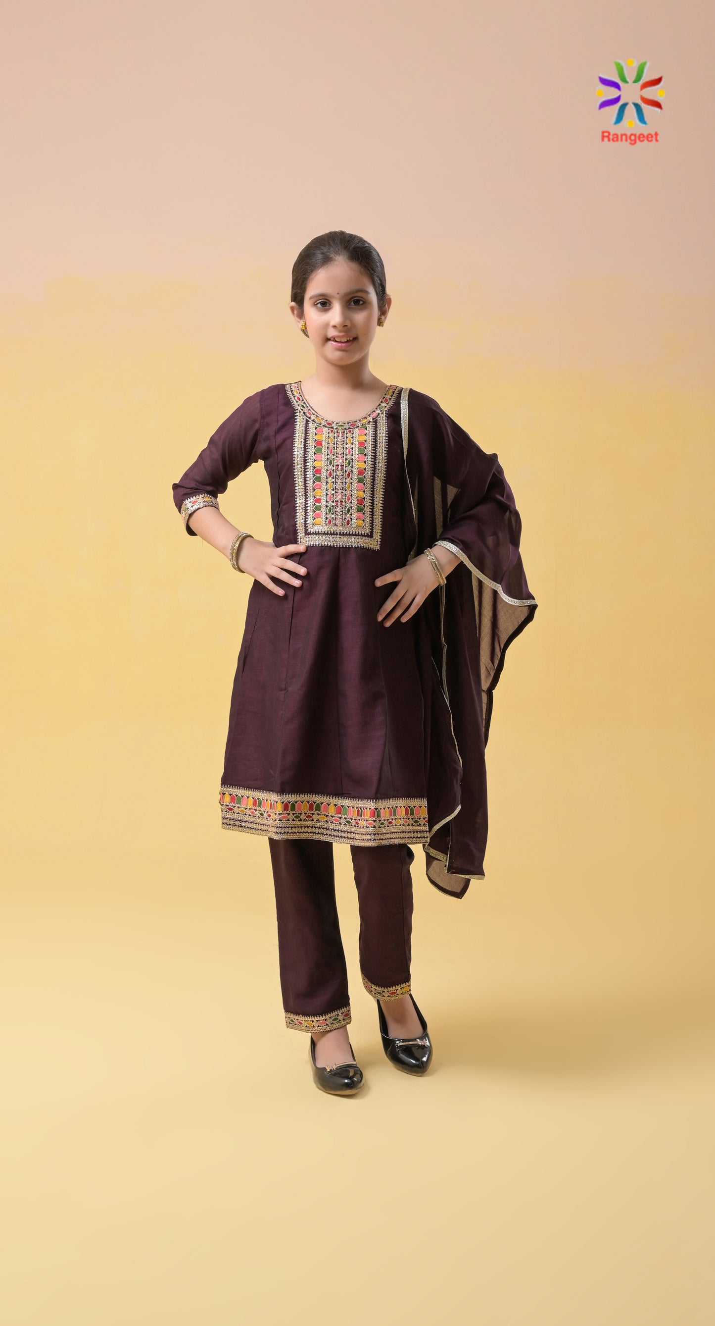 wine zari n thread embroidery silk festive-wear kids/teens suit