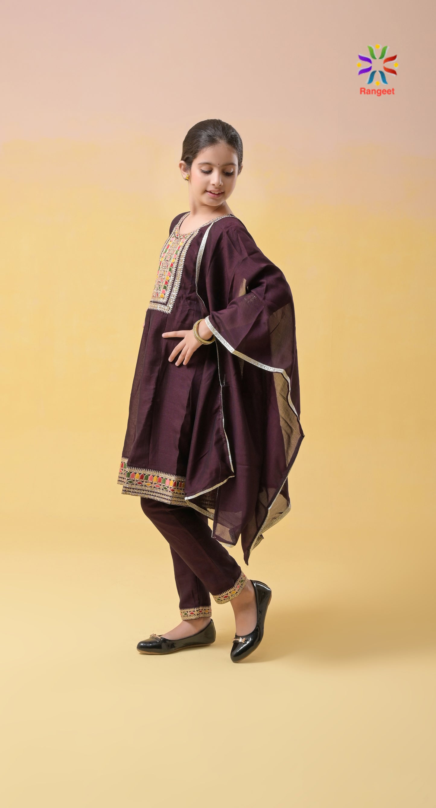 wine zari n thread embroidery silk festive-wear kids/teens suit