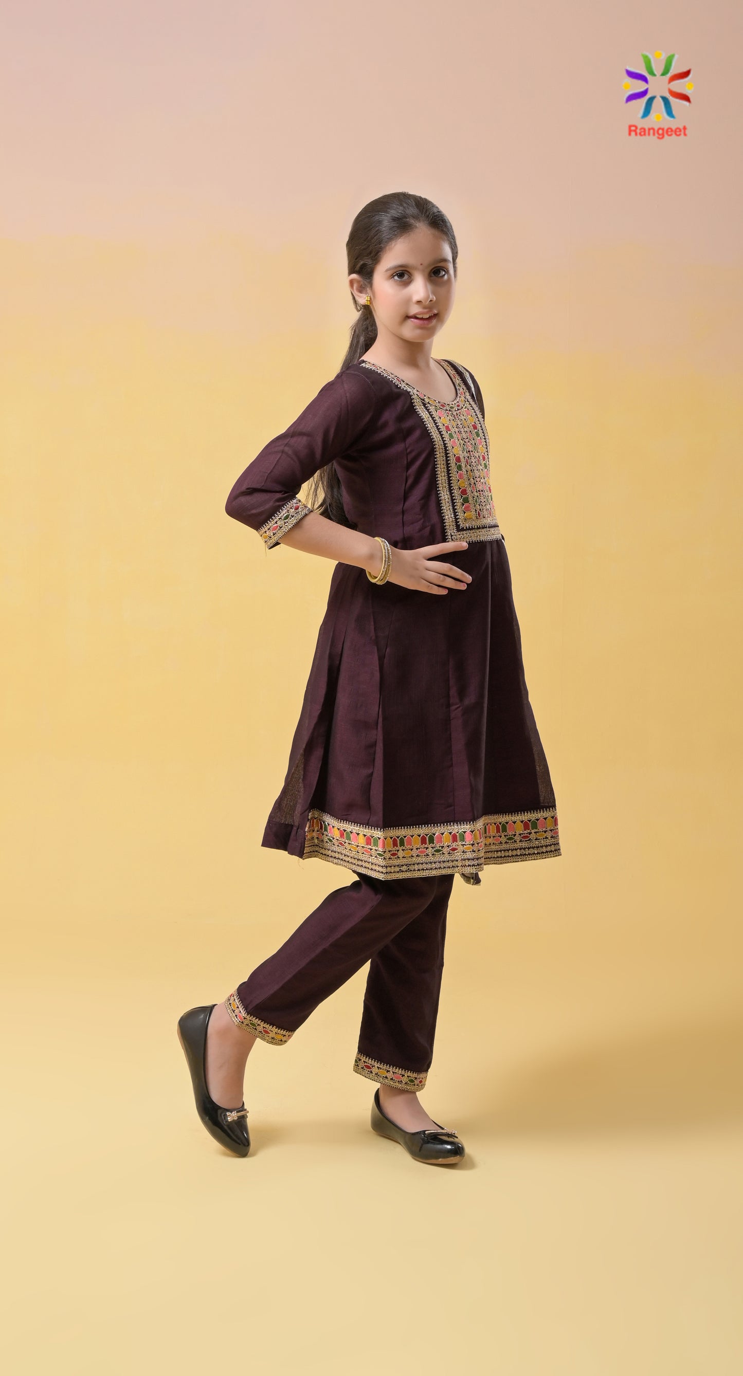 wine zari n thread embroidery silk festive-wear kids/teens suit