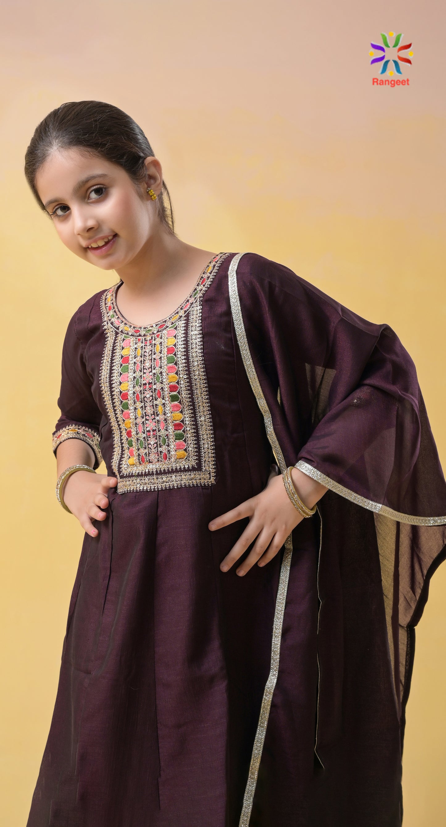 wine zari n thread embroidery silk festive-wear kids/teens suit