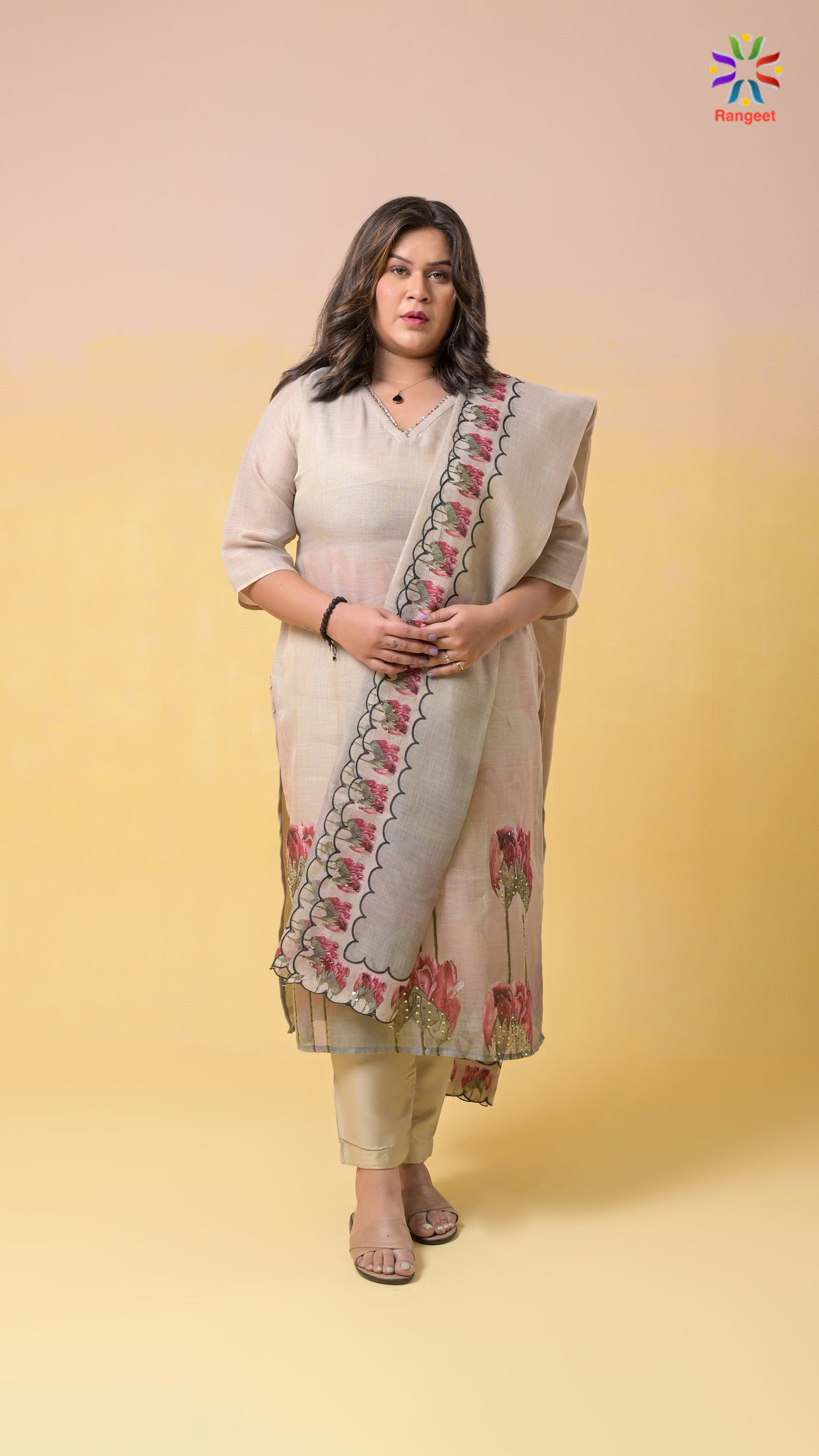 beige digital prints with hand-embroidery tissue-cotton suit set