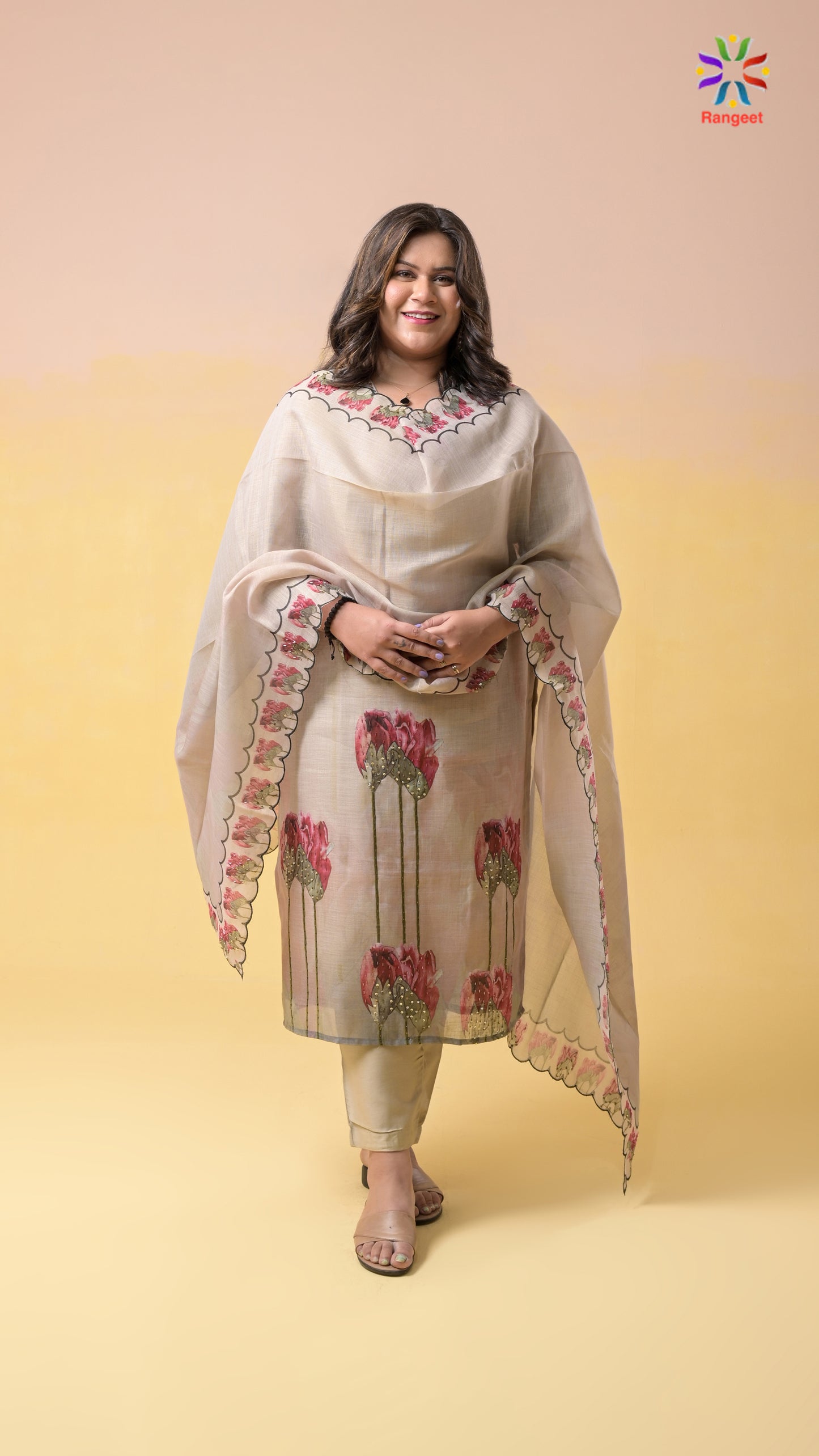 beige digital prints with hand-embroidery tissue-cotton suit set