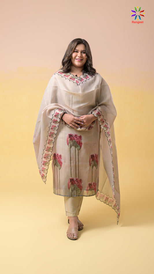 Beige Digital Prints with Hand-Embroidery Tissue-Cotton Suit Set