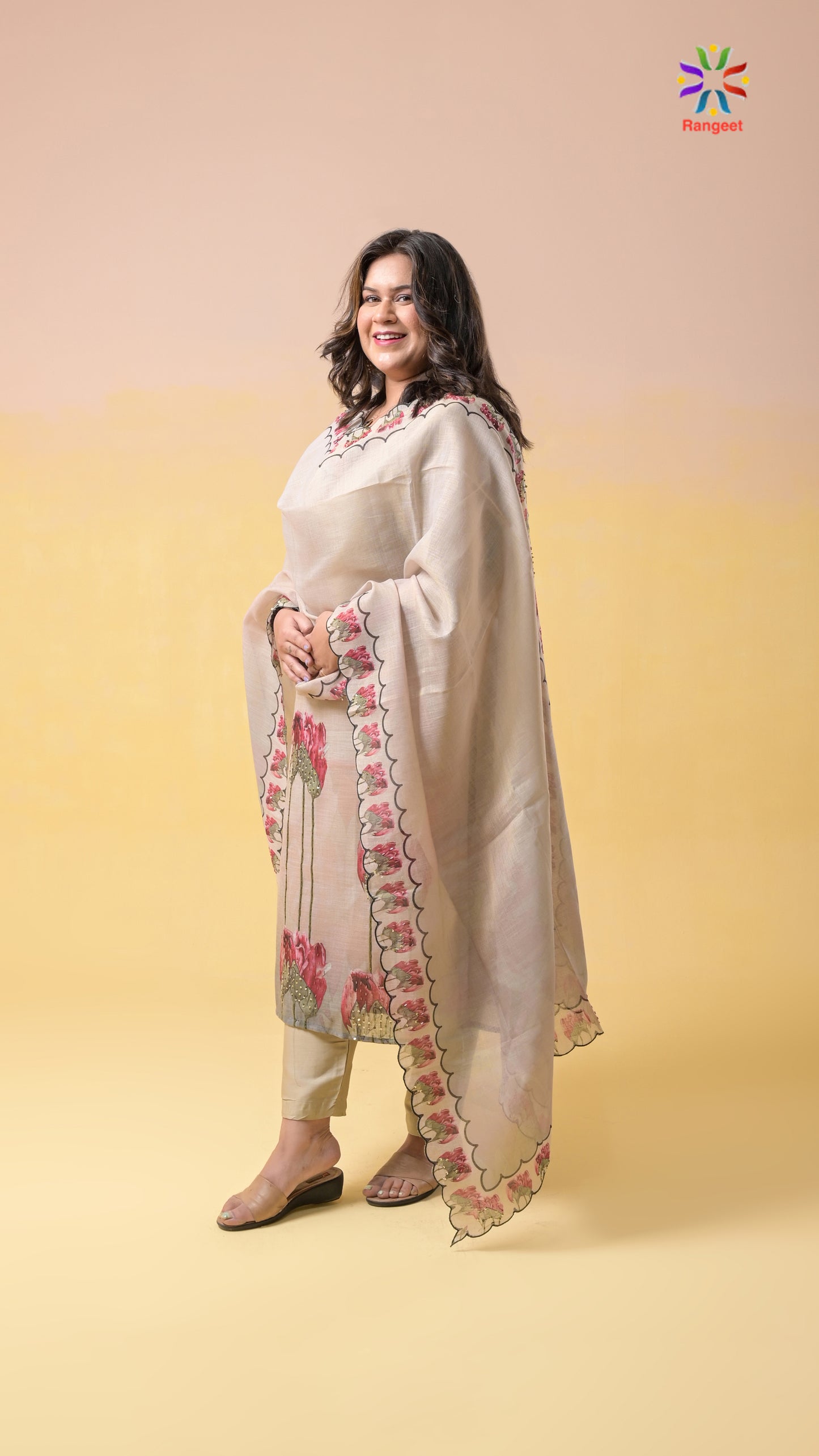 beige digital prints with hand-embroidery tissue-cotton suit set