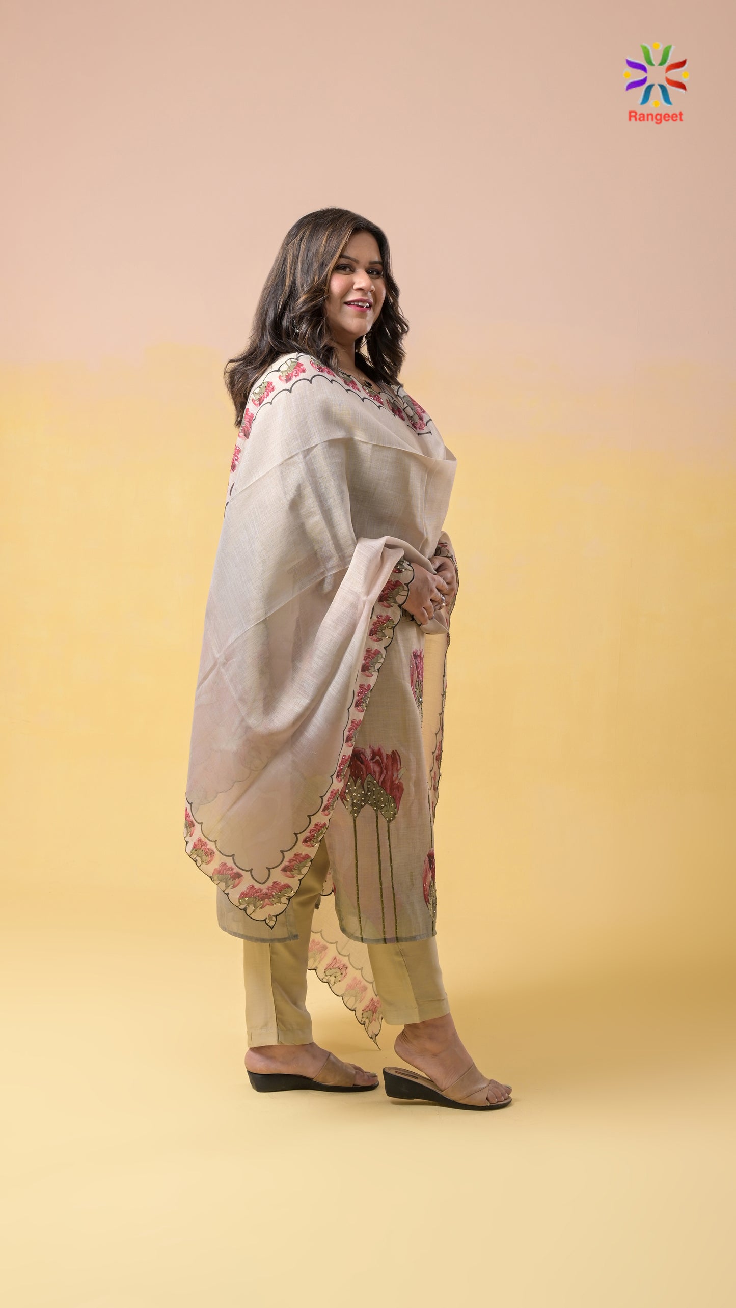 beige digital prints with hand-embroidery tissue-cotton suit set