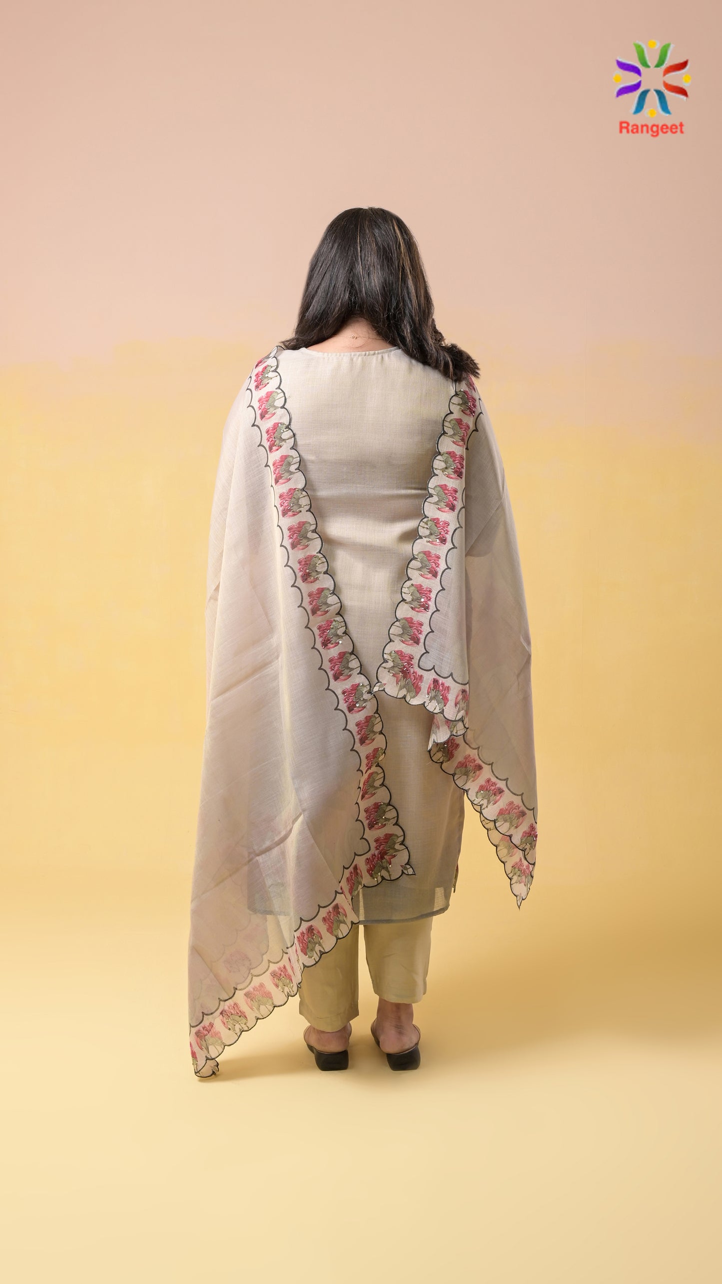 beige digital prints with hand-embroidery tissue-cotton suit set