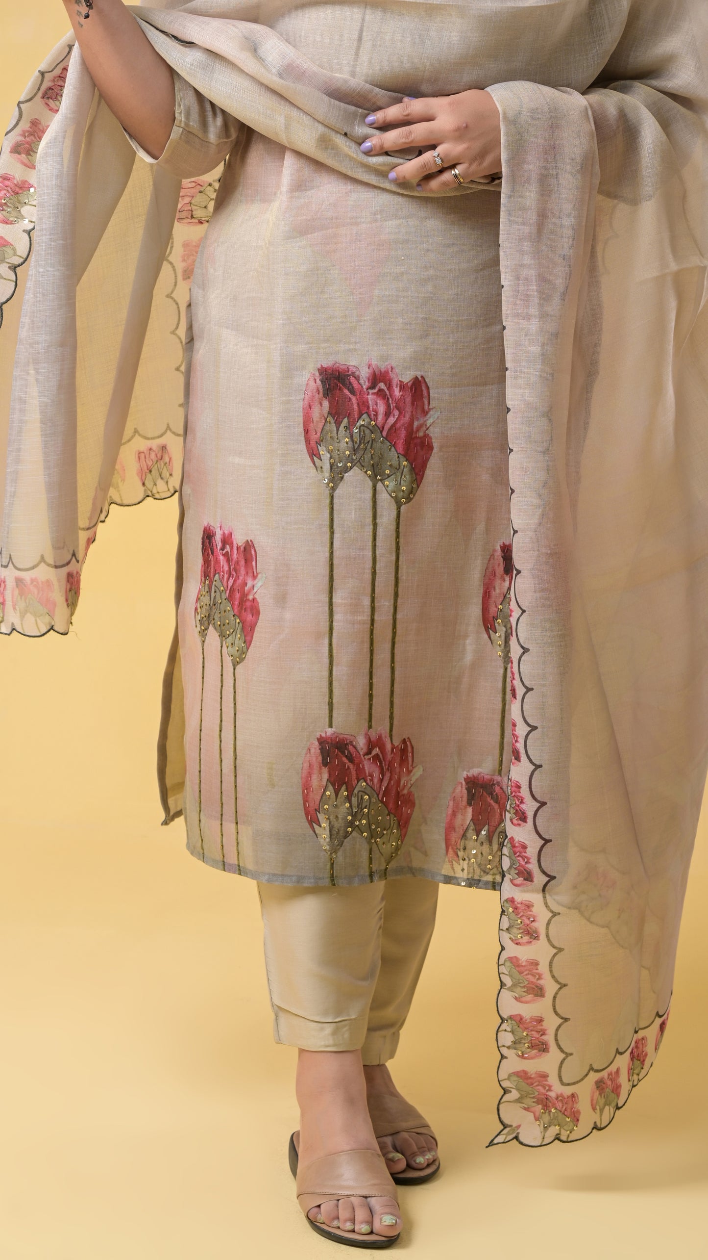 beige digital prints with hand-embroidery tissue-cotton suit set