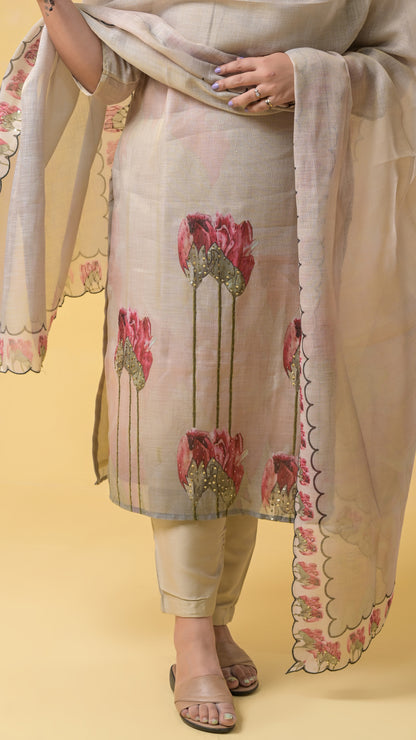 Beige Digital Prints with Hand-Embroidery Tissue-Cotton Suit Set