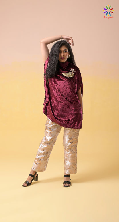 Maroon Hand-Embroidered Velvet and Silk Occasion-Wear Co-ord Set