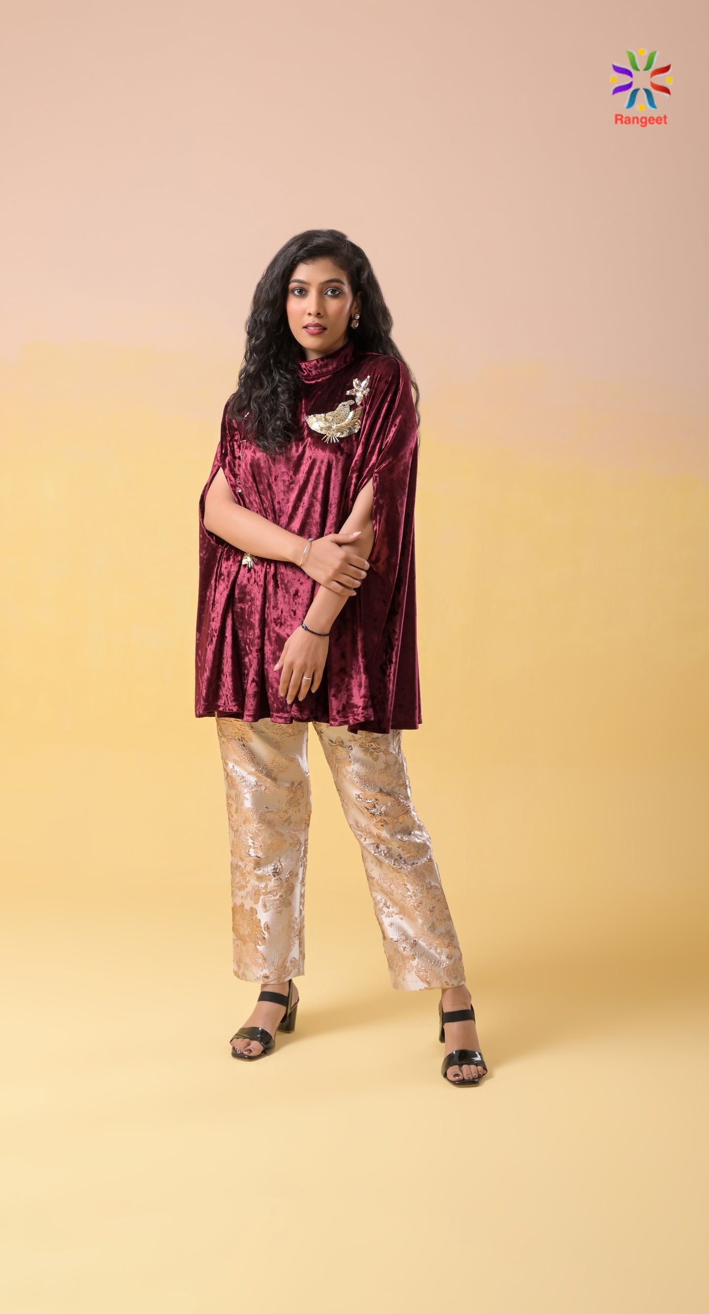 maroon hand-embroidered velvet and silk occasion-wear co-ord set