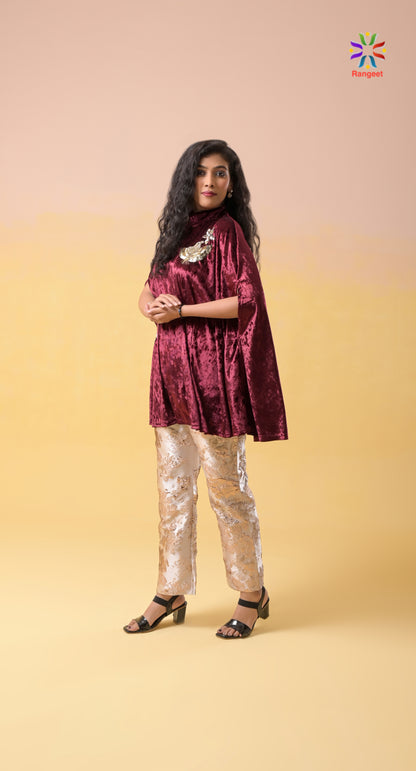 Maroon Hand-Embroidered Velvet and Silk Occasion-Wear Co-ord Set