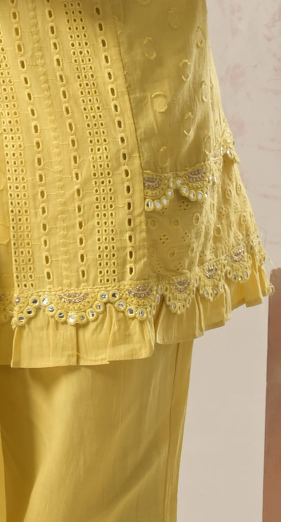 sunflower yellow, thread embroidery, schiffli work, cotton suit