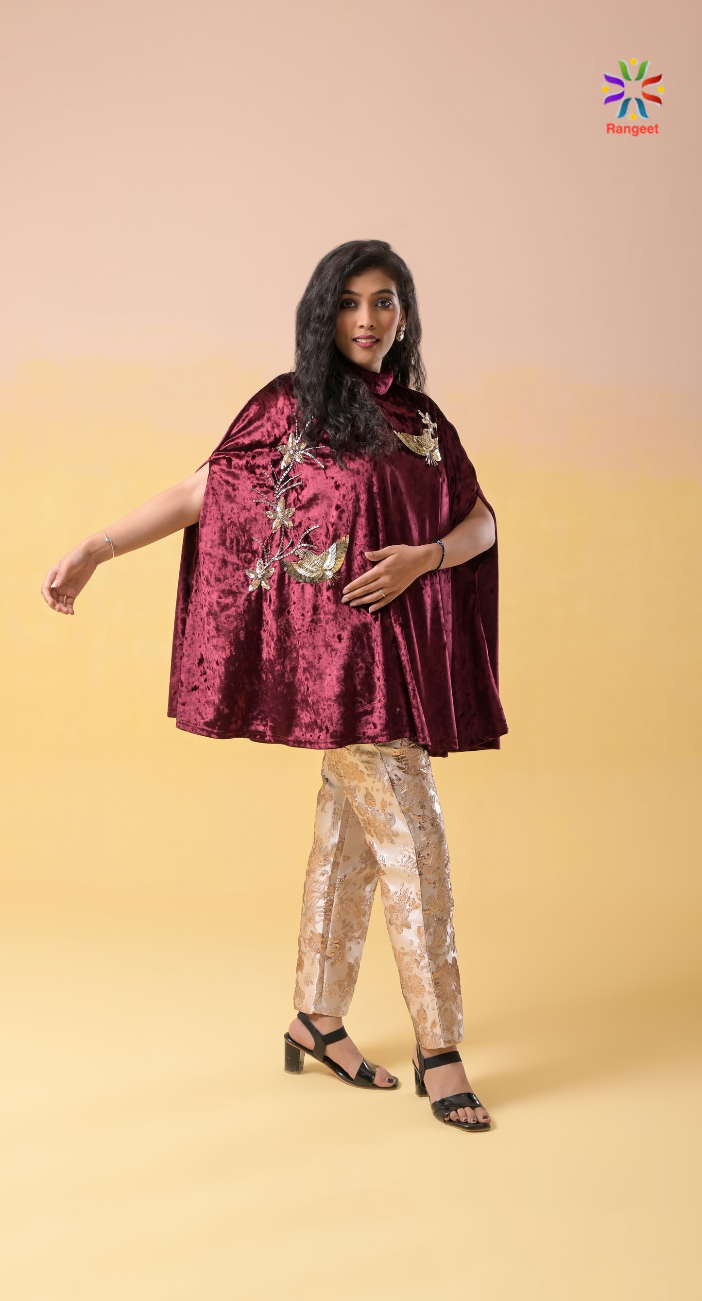 maroon hand-embroidered velvet and silk occasion-wear co-ord set