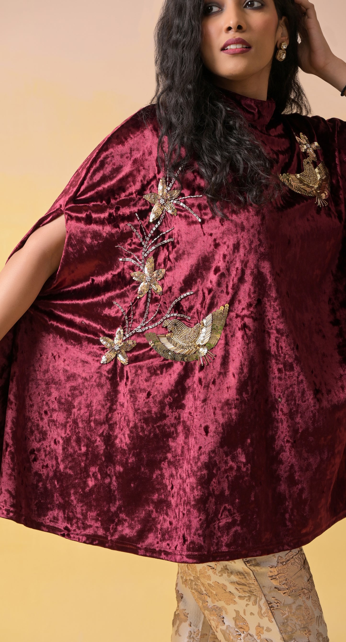 maroon hand-embroidered velvet and silk occasion-wear co-ord set