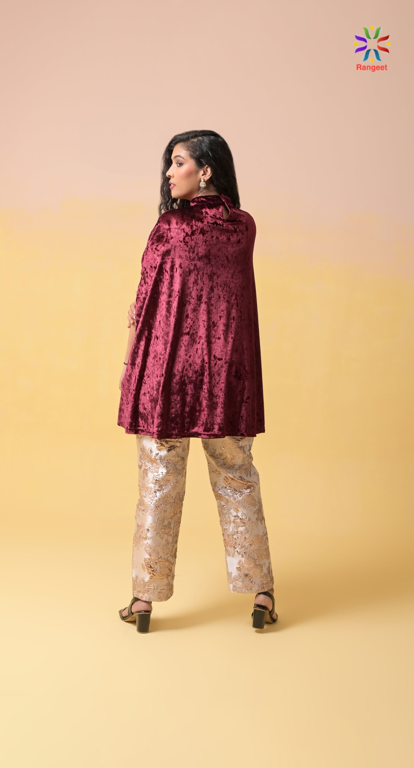 maroon hand-embroidered velvet and silk occasion-wear co-ord set