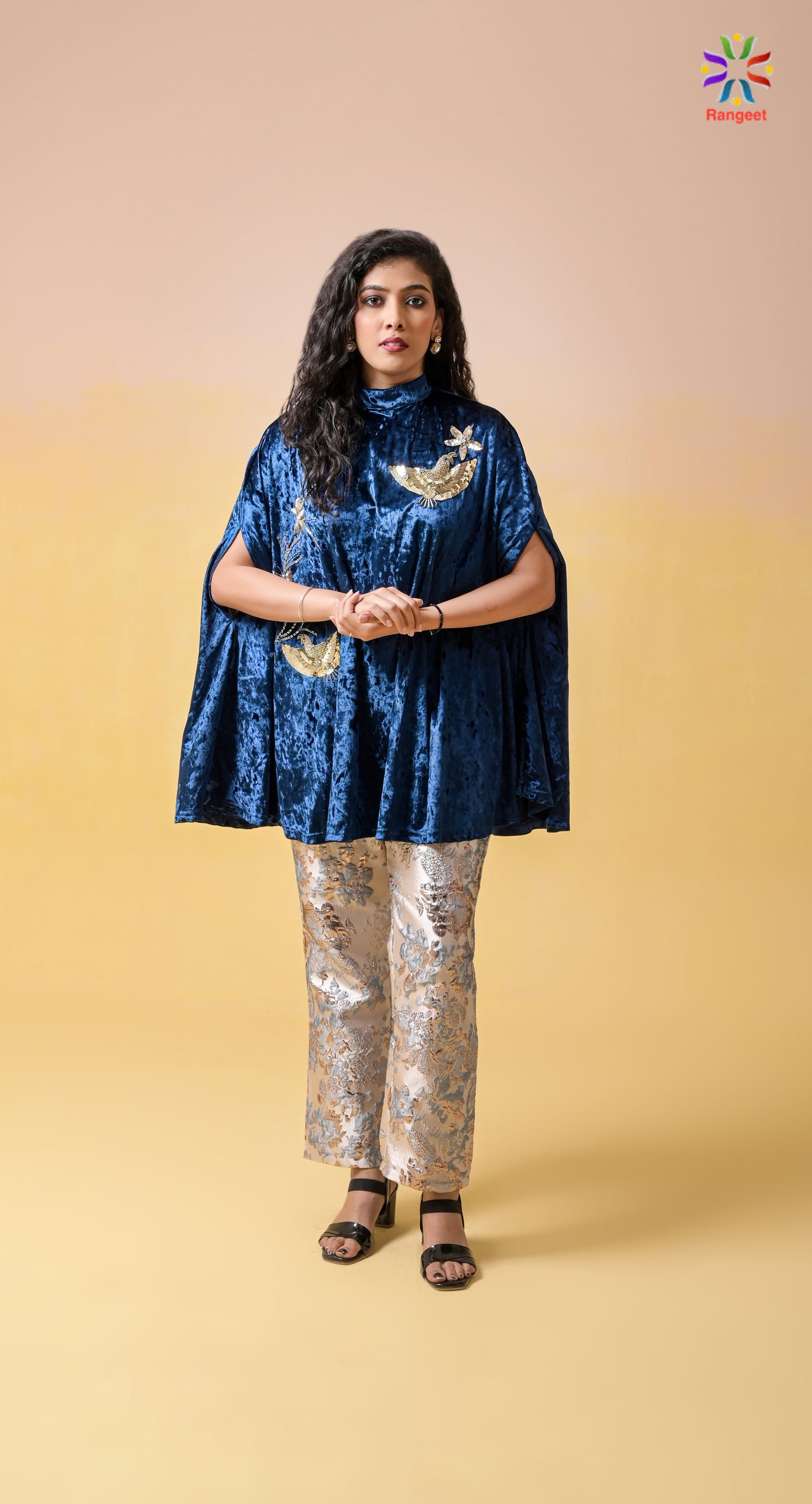 royal-blue hand-embroidered velvet and silk occasion-wear co-ord set